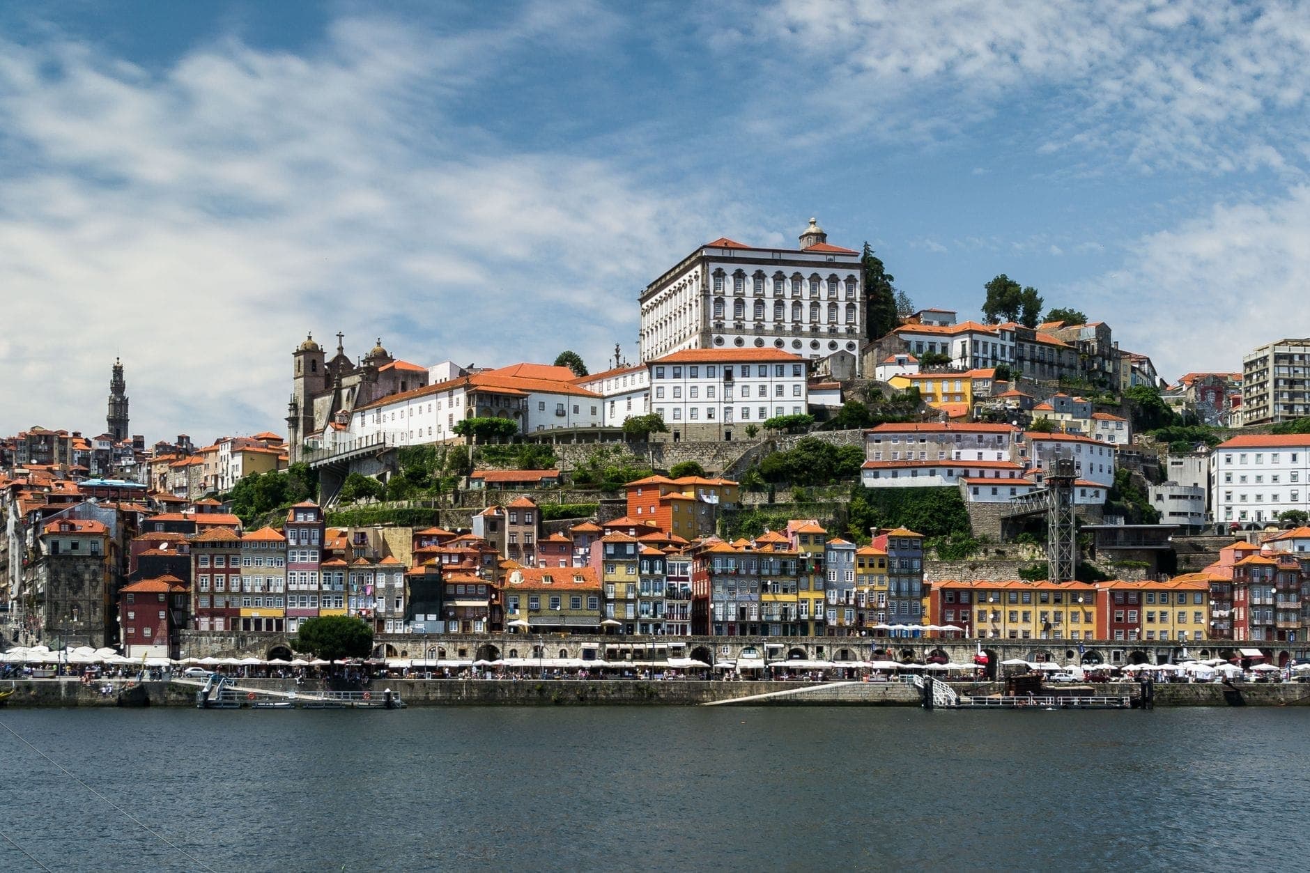 Panoramiczny widok na historyczny nabrzeże Porto z kolorowymi starymi budynkami, rzeką Douro i architekturą na zboczach wzgórz pod jasnym niebem.