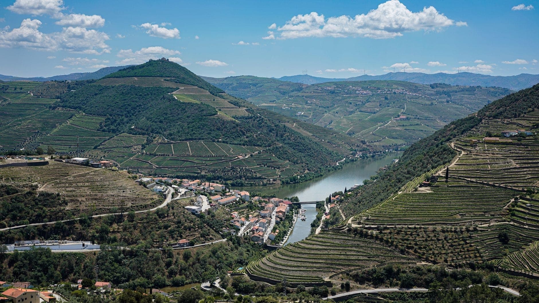 Widok na Dolinę Douro z tarasowymi winnicami, rzeką i małą wioską ukrytą między zielonymi wzgórzami pod błękitnym niebem.