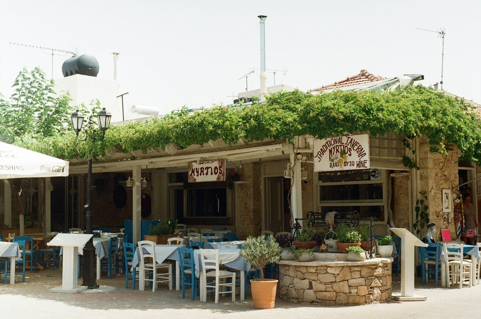 Terrasse extérieure d'une taverne grecque traditionnelle à Rhodes, avec des chaises et tables bleues et des vignes feuillues au-dessus, évoquant une authentique expérience culinaire locale.