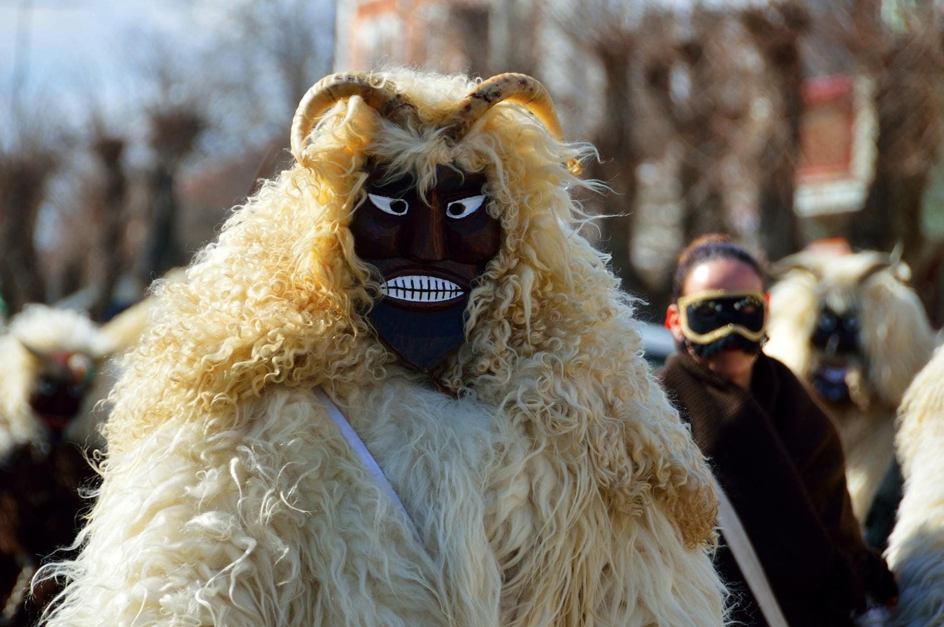 Person in traditioneller Hornmaske und zottigem Kostüm bei einem winterlichen Karnevalsumzug im Freien, mit anderen maskierten Teilnehmern im Hintergrund.