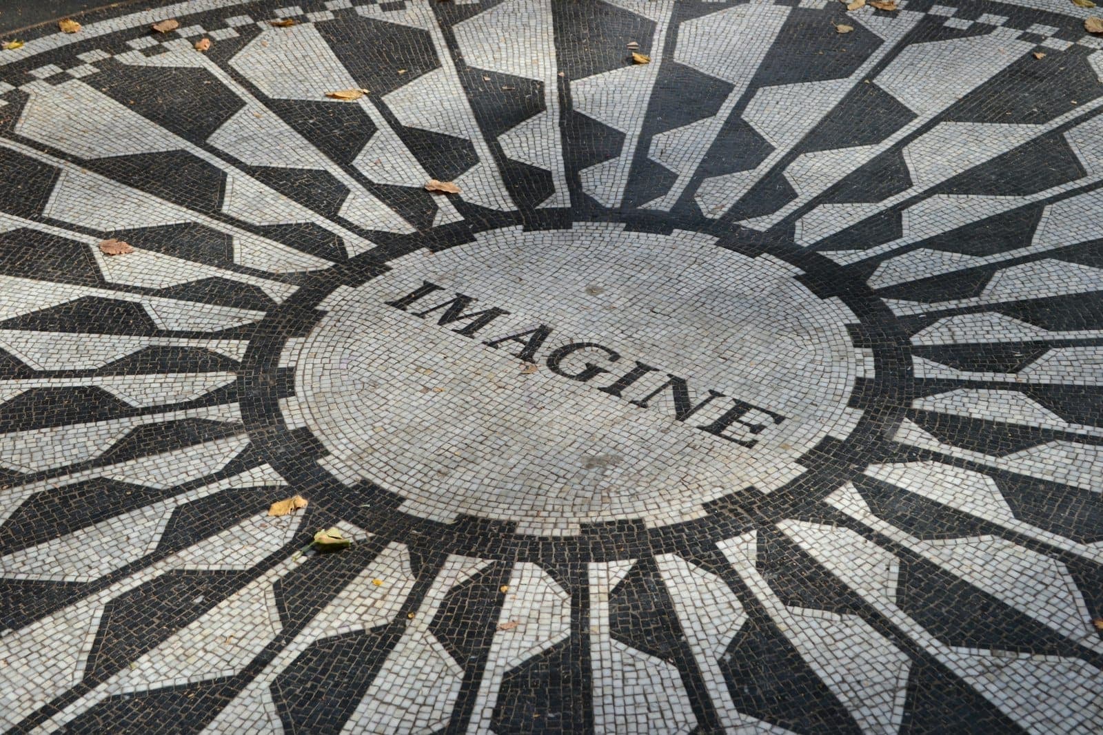 มุมใกล้ของโมเสก Imagine ใน Strawberry Fields กลางเซ็นทรัลพาร์ค แดดตกกระทบและใบไม้ร่วงกระจายเล็กน้อย