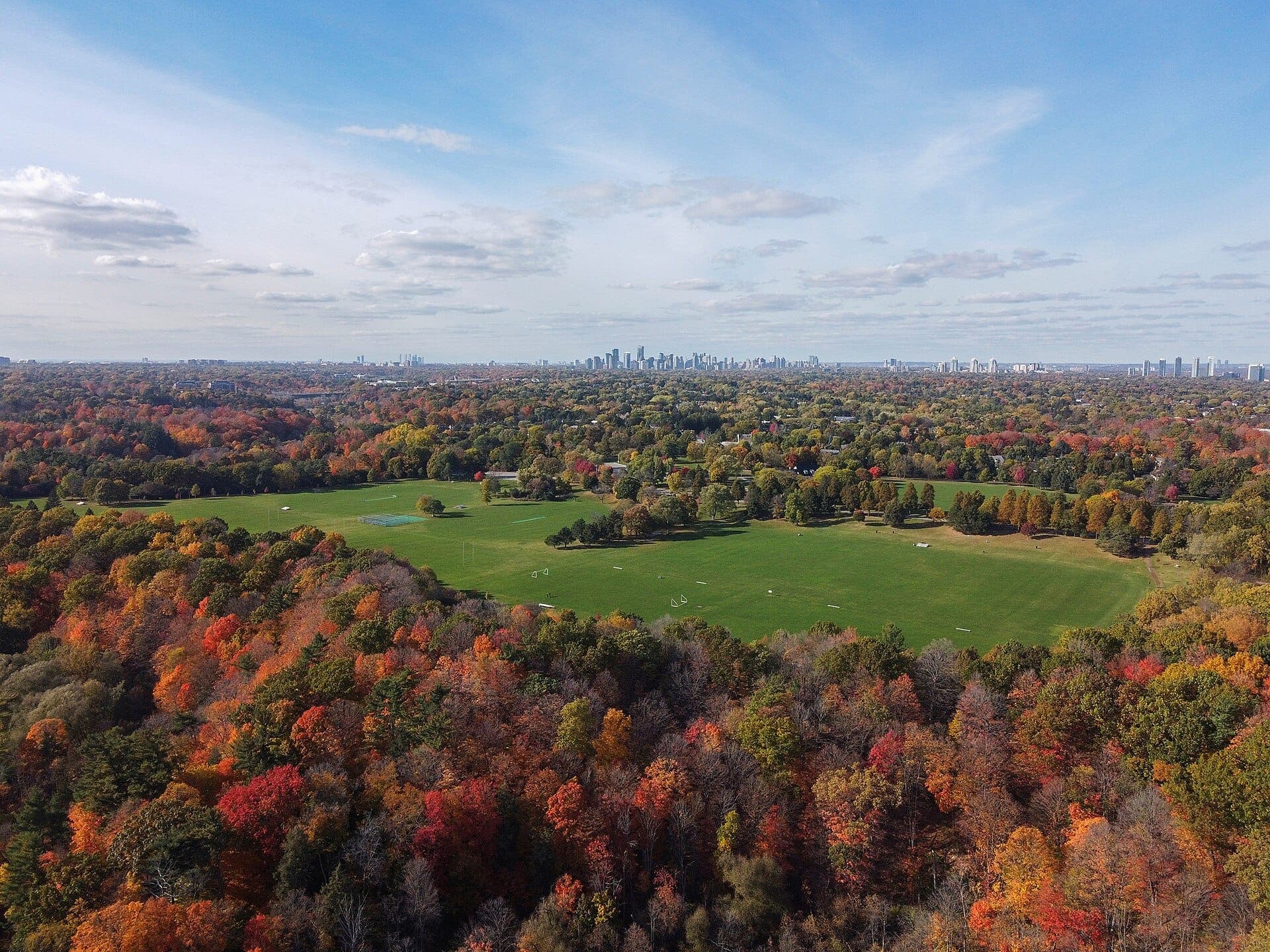 Vista aerea di Sunnybrook Park a Toronto con ampi prati, una densa foresta autunnale e lo skyline della città sotto un cielo azzurro.