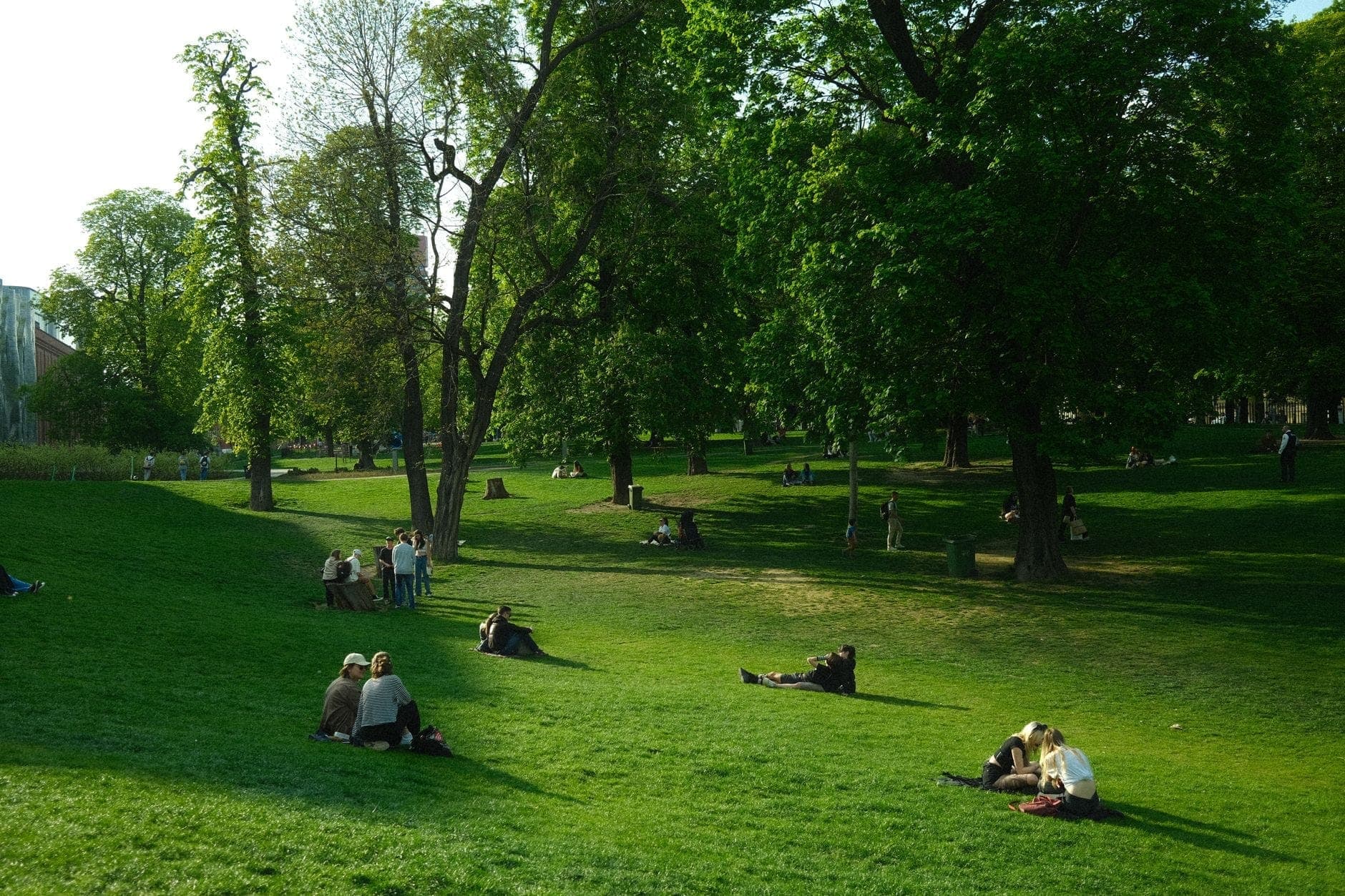 Menschen, die sich in einem großen Grünbereich in einem baumreichen Stadtpark an einem sonnigen Tag entspannen und picknicken.
