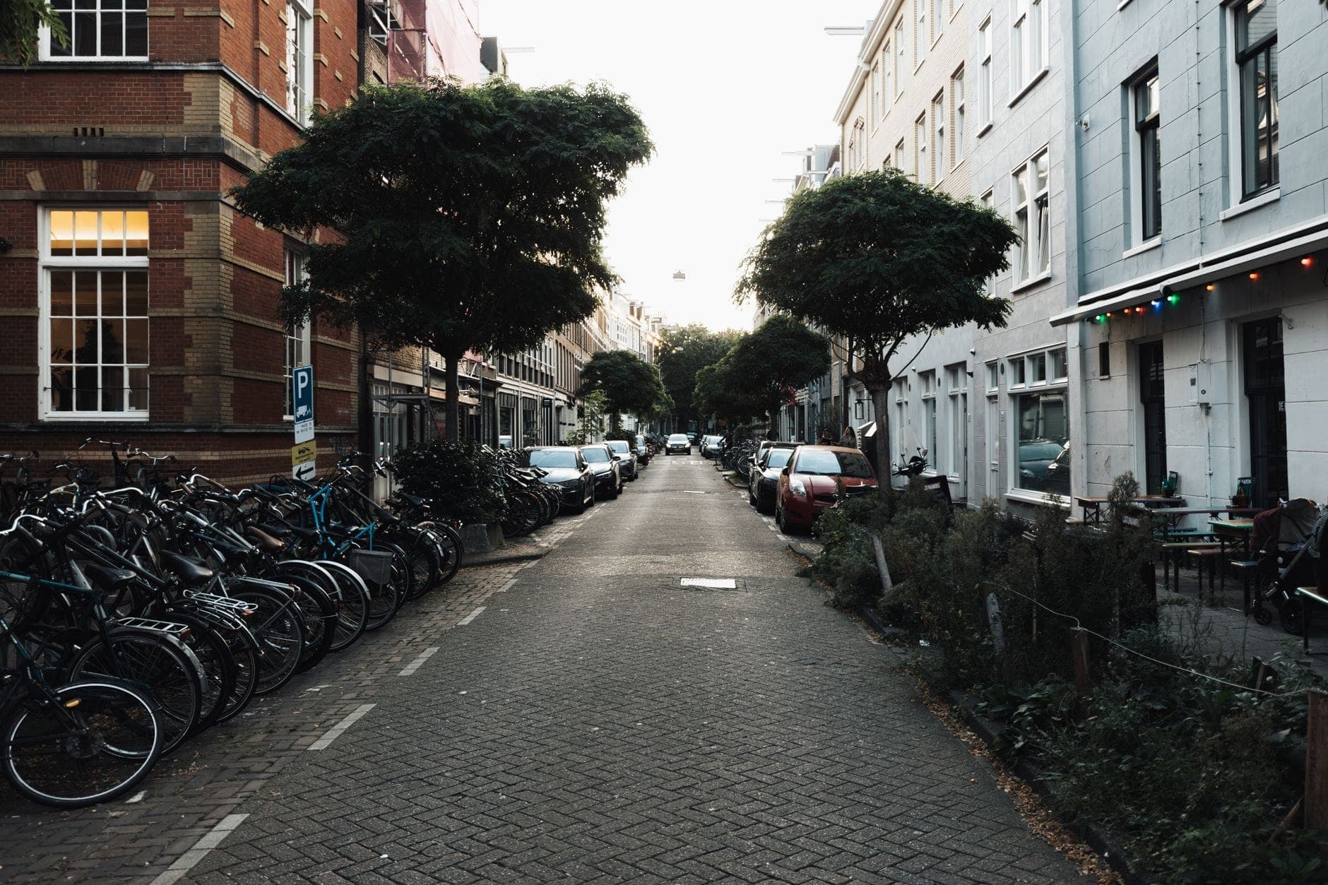 Ruhige Straße in einem Amsterdamer Wohnviertel gesäumt von Fahrrädern, Bäumen und historischen Wohngebäuden in der Dämmerung.