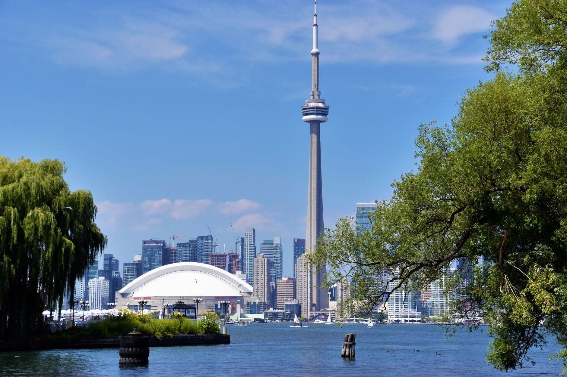 Toronto skyline with CN Tower and Rogers Centre seen across the water on a clear, sunny day
