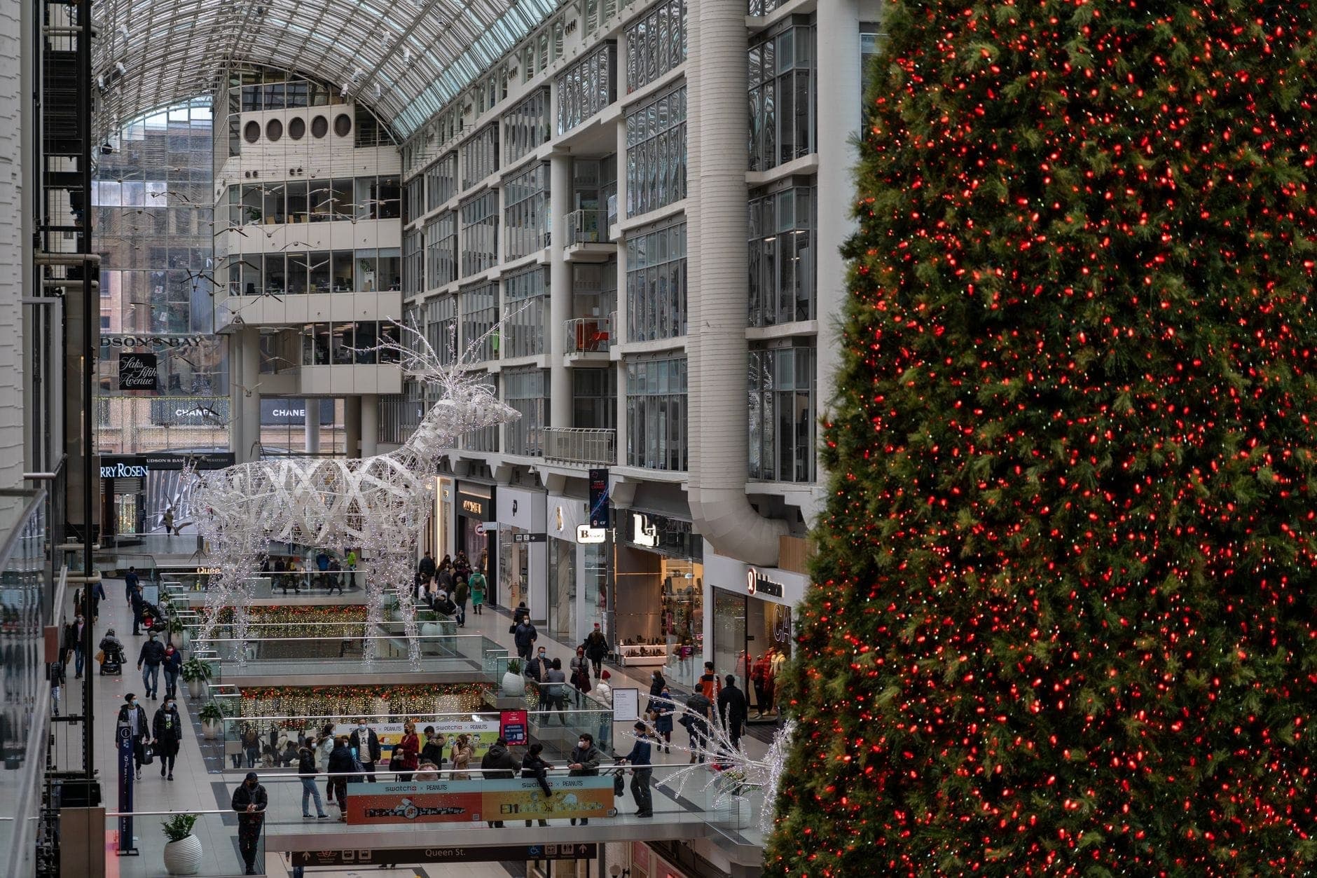 Vista interna panoramica del CF Toronto Eaton Centre con il soffitto a vetri della galleria, più livelli di negozi, visitatori e un grande albero di Natale decorato.
