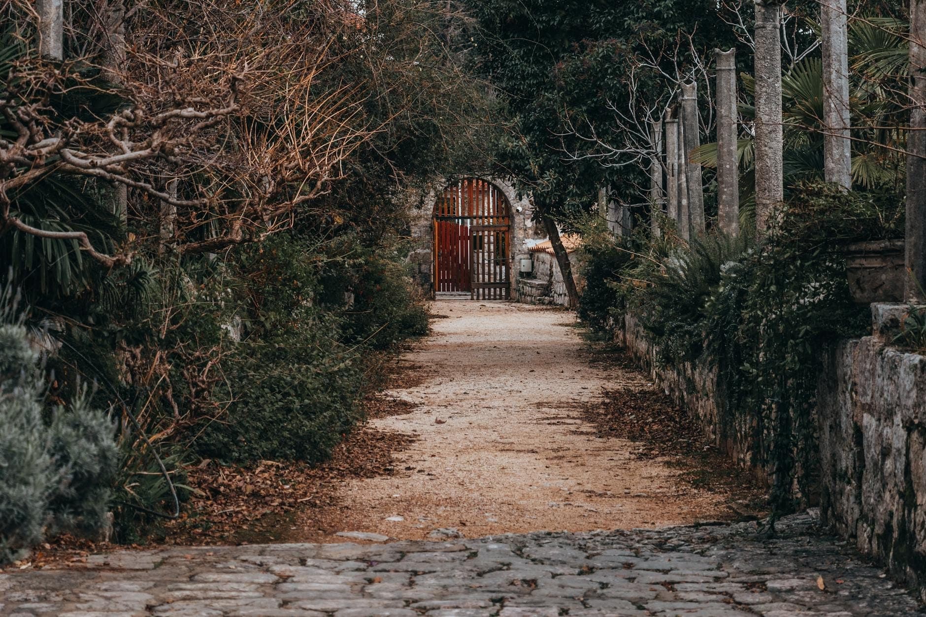Steiniger Weg durch üppiges Grün und Säulen zu einem gewölbten roten Tor im Arboretum Trsteno — eine Atmosphäre wie aus vergangenen Zeiten, nahe Dubrovnik.