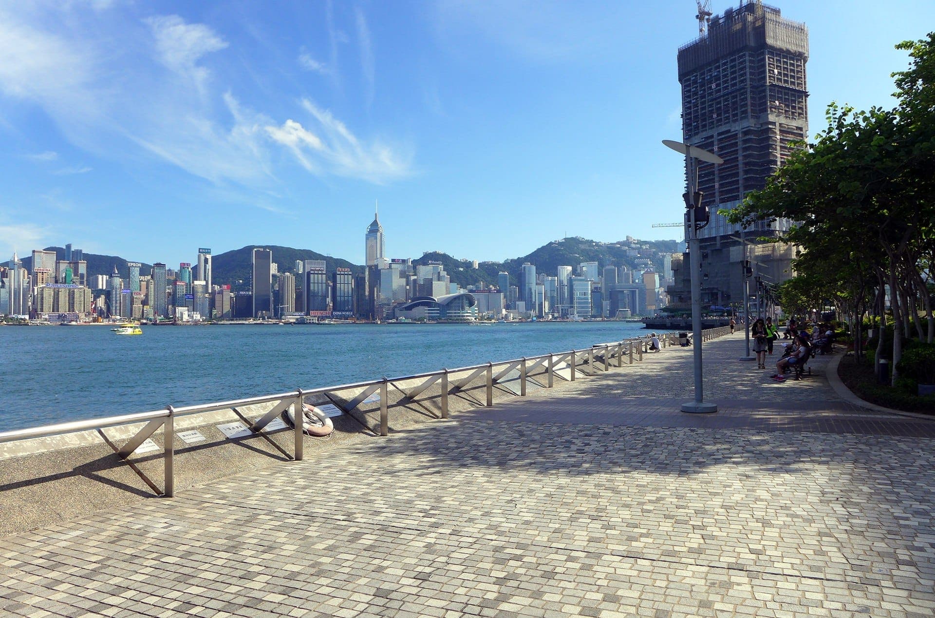 Tsim Sha Tsui Promenade, showcasing Victoria Harbour views and Hong Kong's iconic skyline towers.