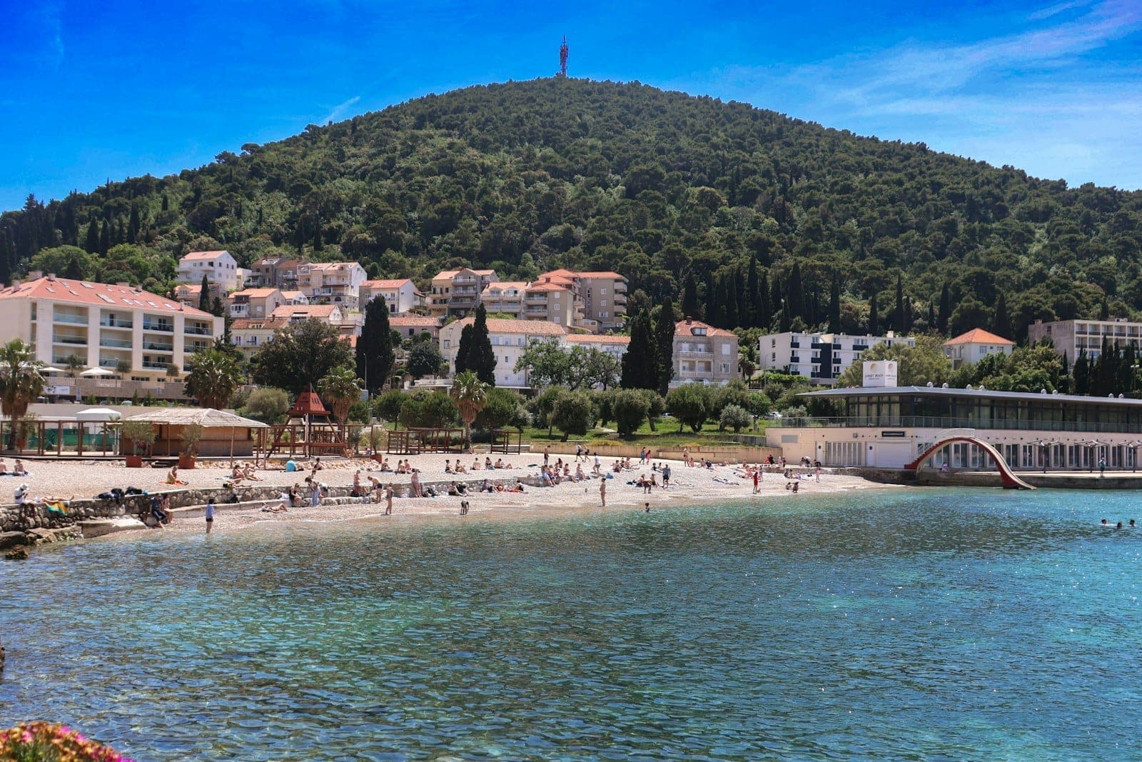 Kieselstrand der Uvala Lapad mit türkisklarem Wasser, schwimmenden Familien und Hotels vor einem grünen Hügel in Dubrovnik, Kroatien.