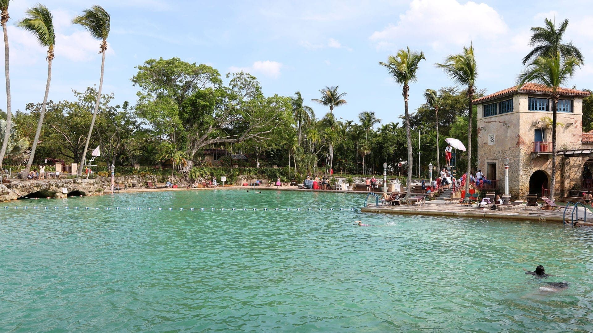Wide view of Venetian Pool with turquoise spring water, palm trees, sunbathers, and a historic coral stone building under a bright sky.