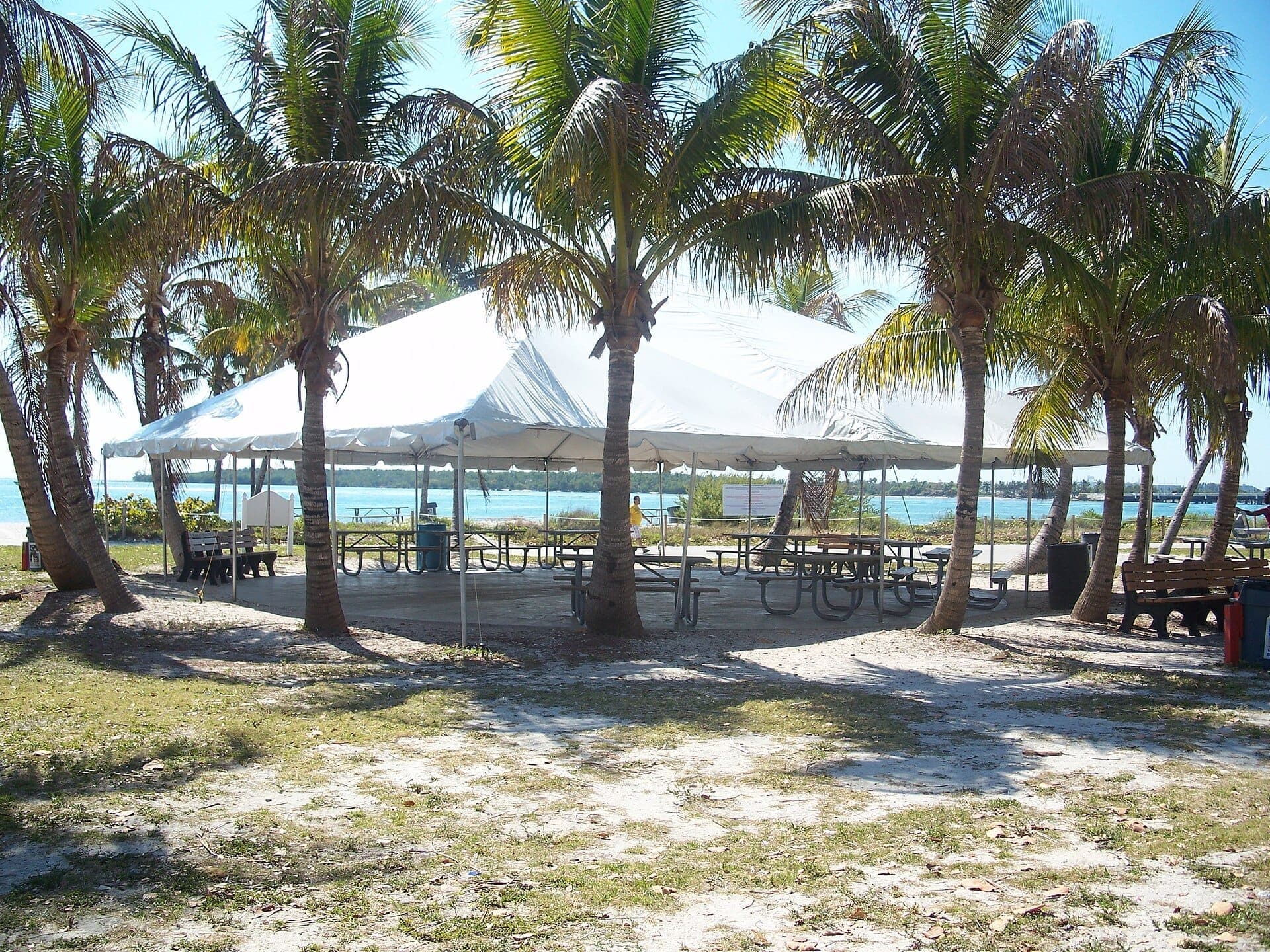 White pavilion tent with picnic tables and benches under palm trees at Historic Virginia Key Beach Park, overlooking the blue Miami shoreline.