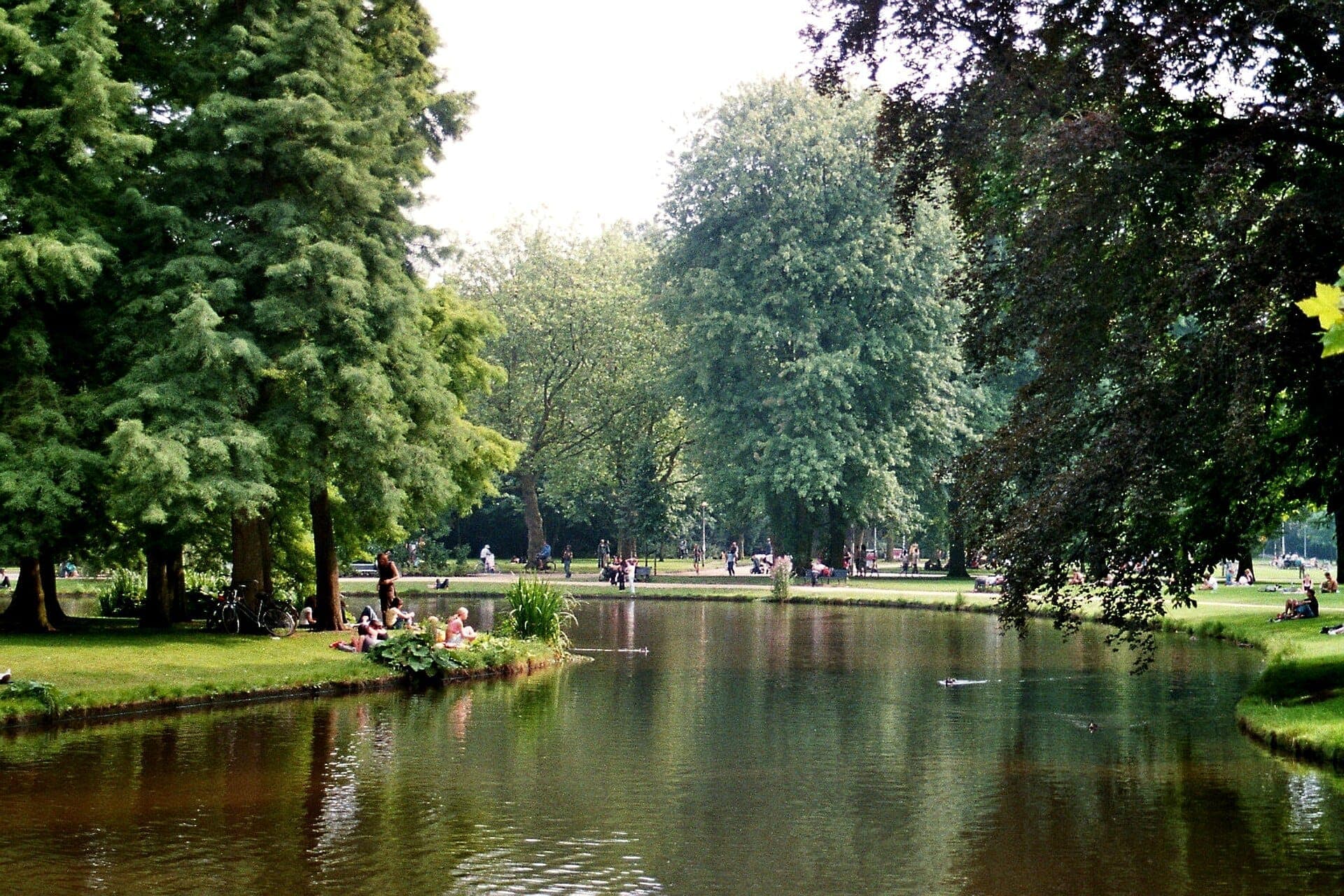 Baumgesäumter Teich mit üppigem Grün und Menschen, die sich im Gras im Vondelpark, Amsterdam, an einem sonnigen Tag entspannen.
