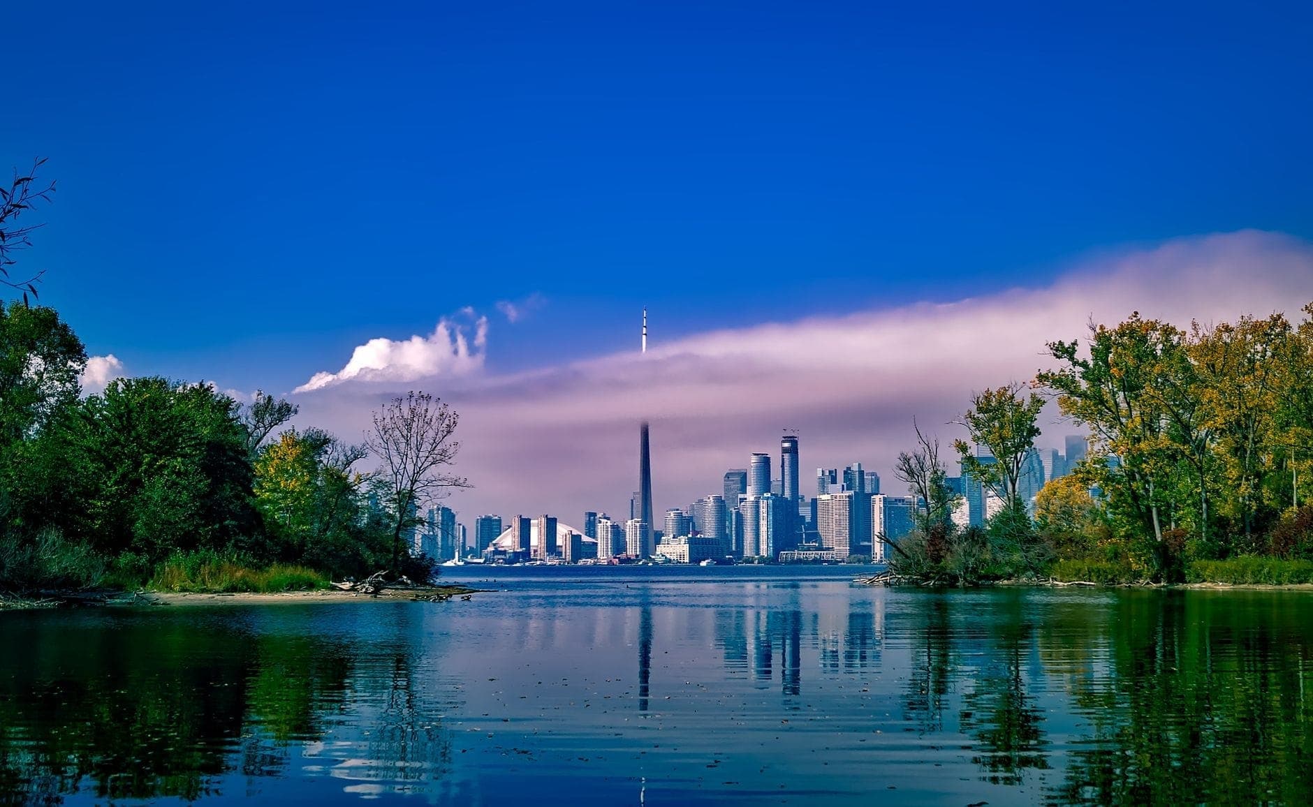 Lo skyline di Toronto visto dall'acqua da Ward's Island, incorniciato da alberi rigogliosi e riflessi calmi sotto un cielo azzurro intenso.