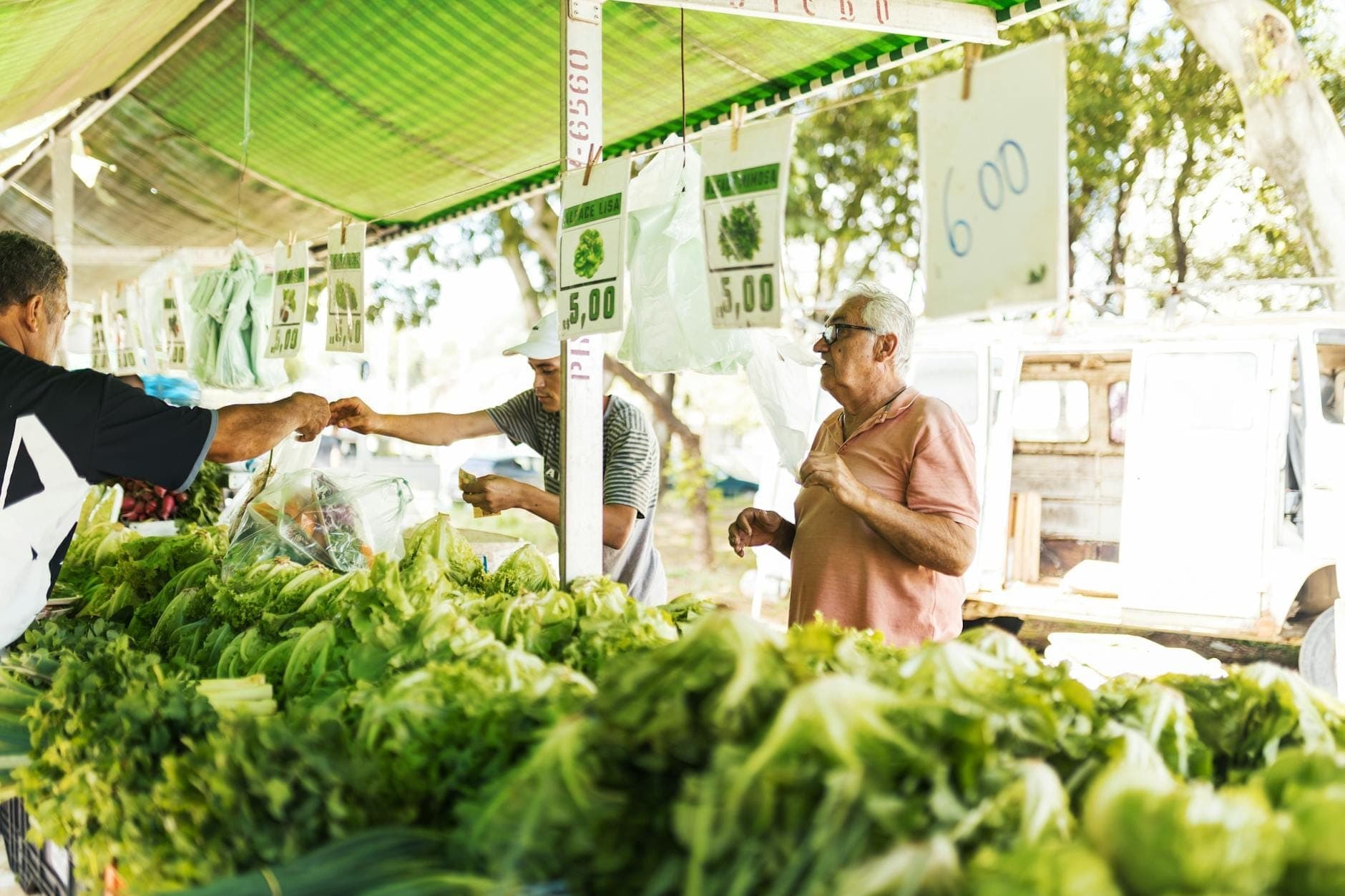 Étal de marché en plein air à Rhodes avec des légumes frais et des herbes, vendeurs et clients commerçant sous un auvent ombragé.