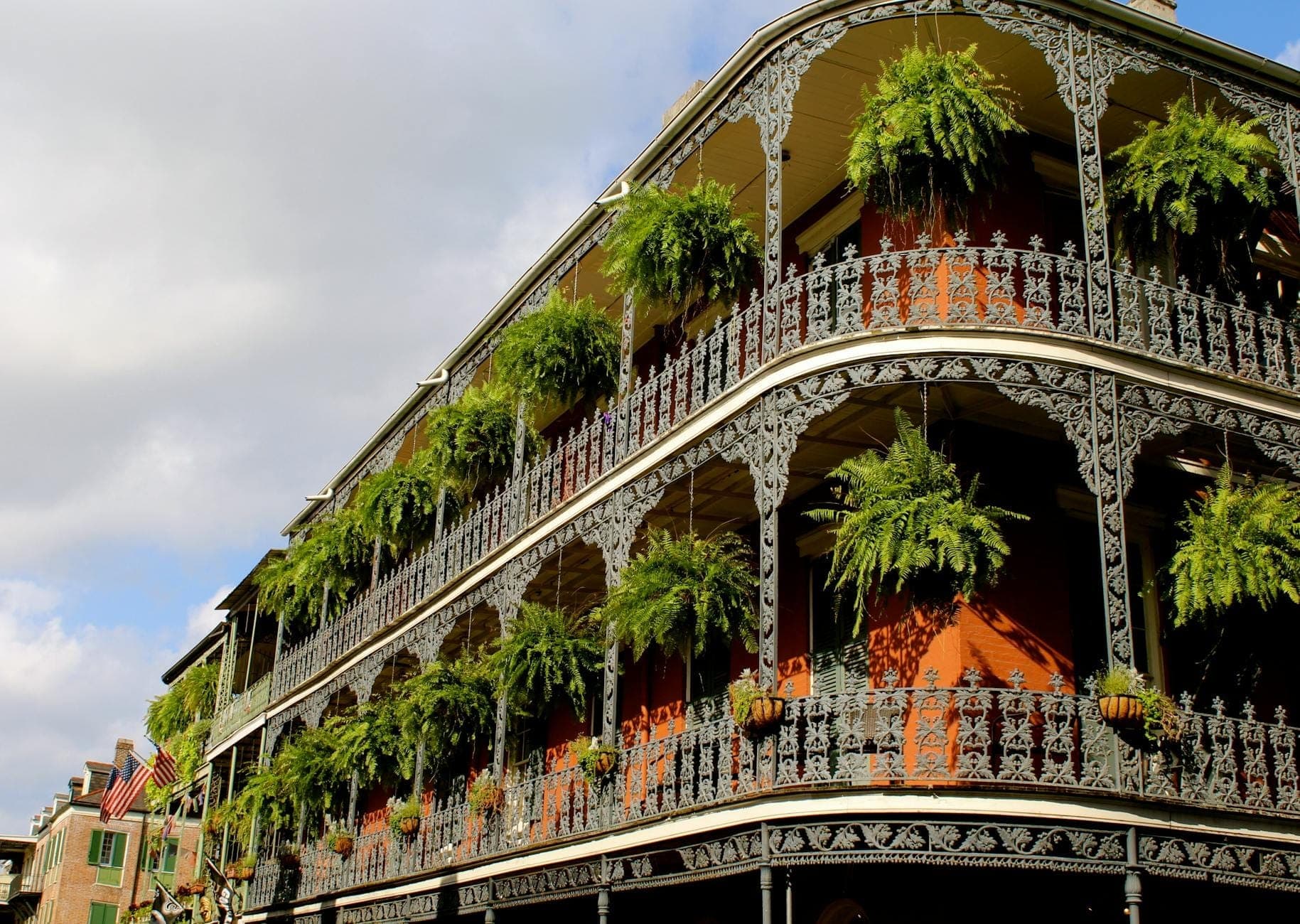 Balcons ornés en fer forgé avec de luxuriantes plantes retombantes sur un bâtiment historique d'angle dans le French Quarter de La Nouvelle-Orléans.