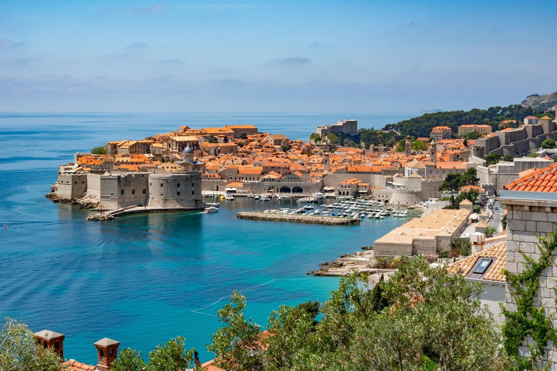 Ein beeindruckendes Panorama von Dubrovniks Altstadt mit den markanten Stadtmauern, orangefarbenen Dächern, der blauen Adria, einer kleinen Marina und üppigem Grün im Vordergrund.