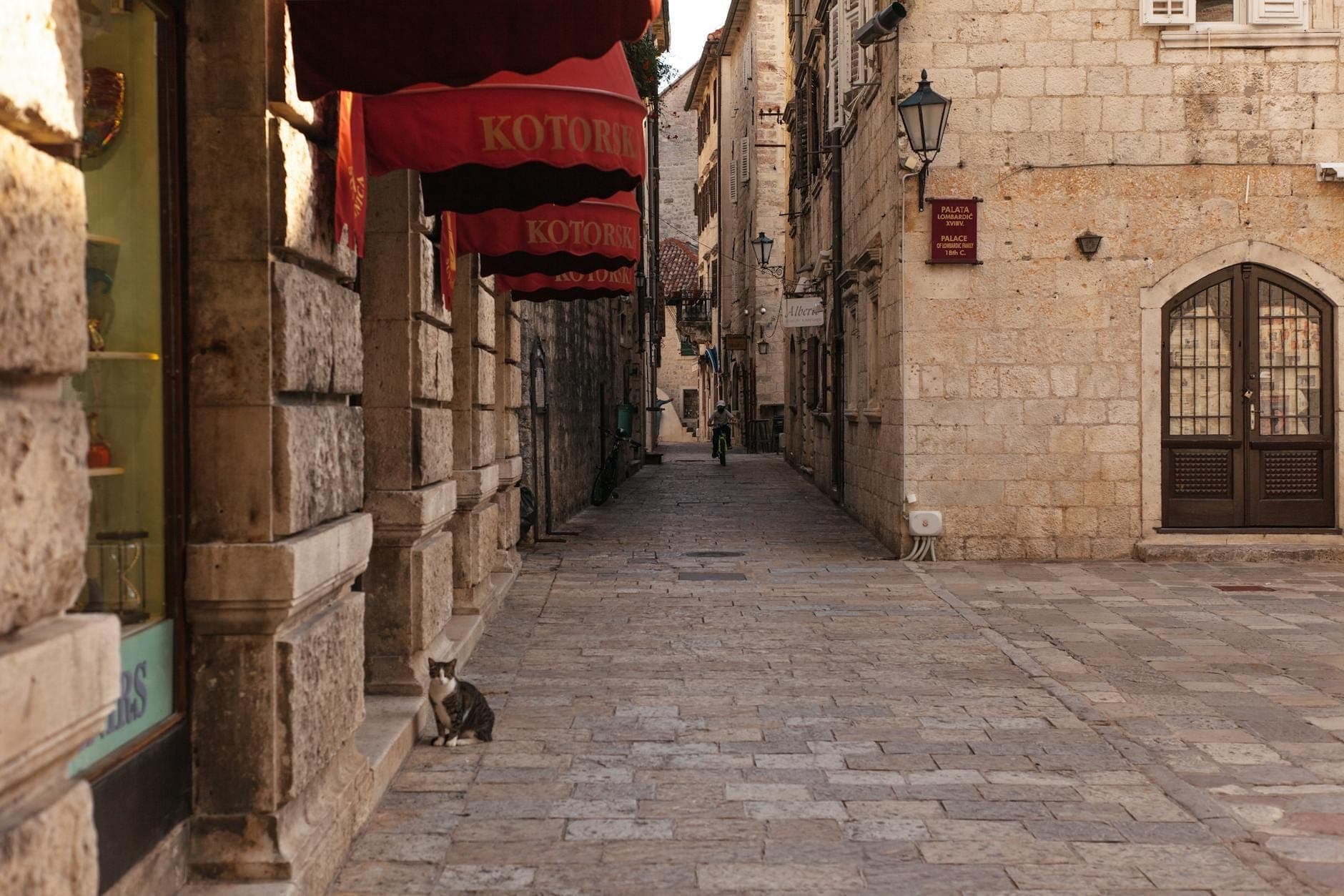 Rue pavée tranquille dans la vieille ville de Kotor avec des bâtiments historiques, des auvents rouges et un chat assis contre le mur au premier plan.
