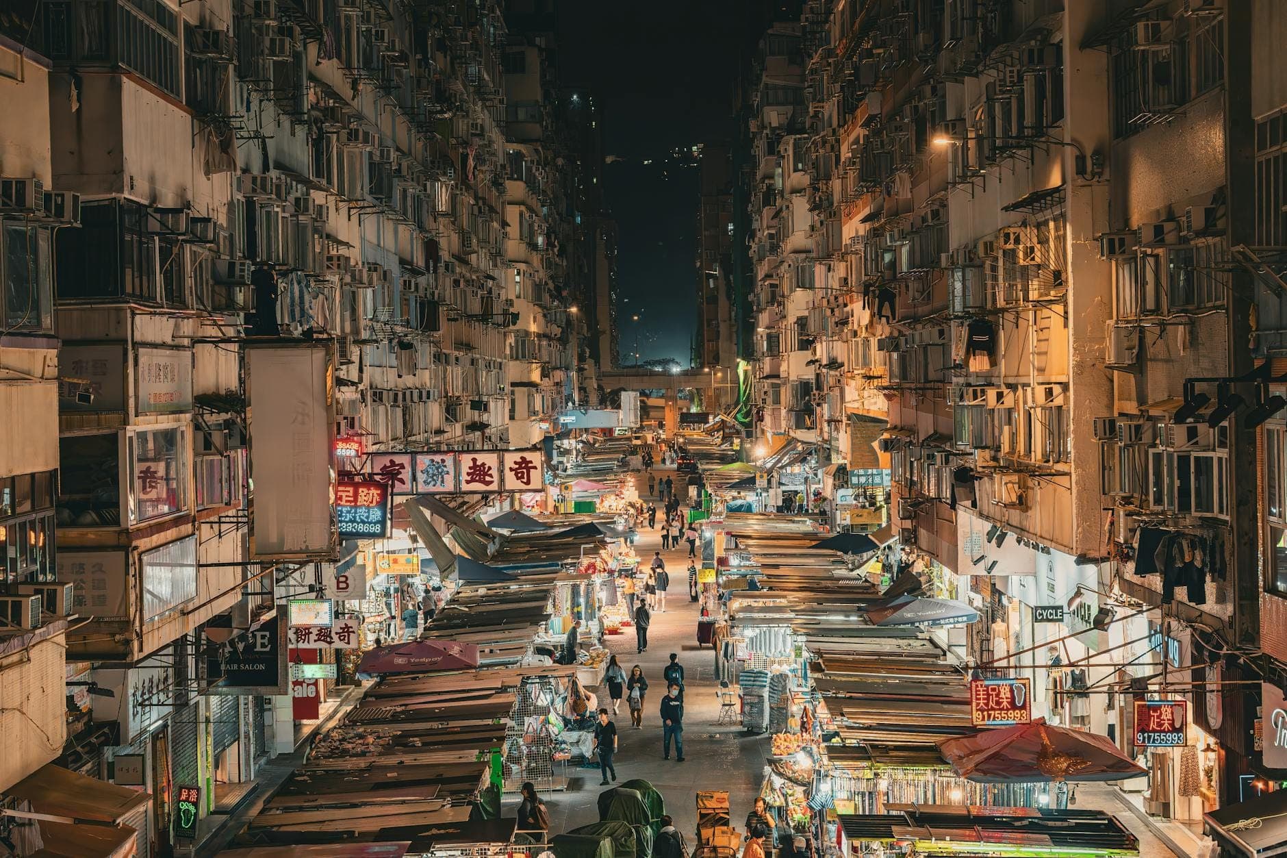 Aerial view of Temple Street Night Market in Yau Ma Tei, Hong Kong