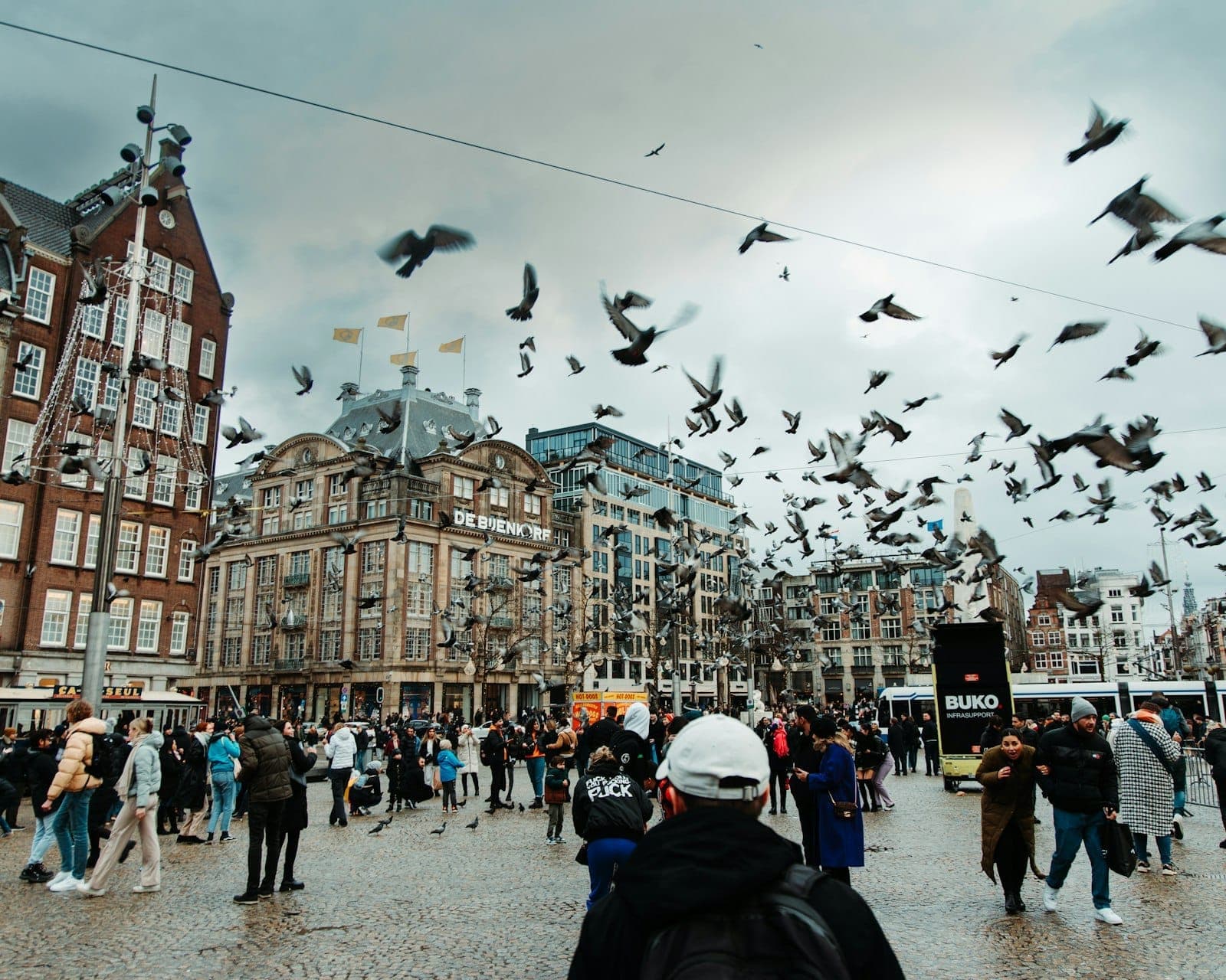 Belebter Dam Square in Amsterdam mit Menschenmassen, Tauben und historischen Gebäuden. Stadtszene, die ein beliebtes zentrales Gebiet zeigt, das von neuen Rauchverboten betroffen ist.