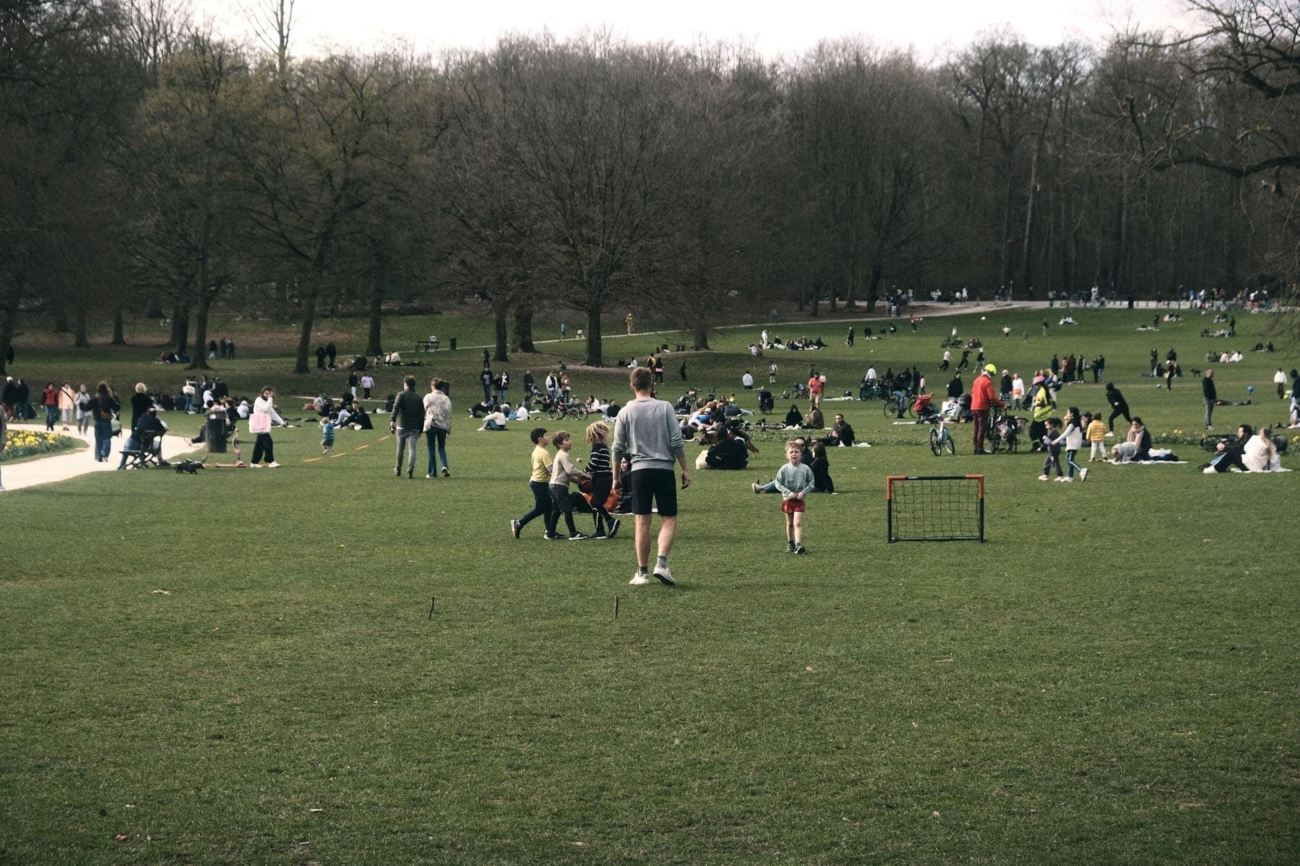 Große Grünfläche in einem Park in Amsterdam mit vielen Familien und Kindern, die sich an einem bewölkten Tag entspannen, spielen und Outdoor-Aktivitäten genießen.