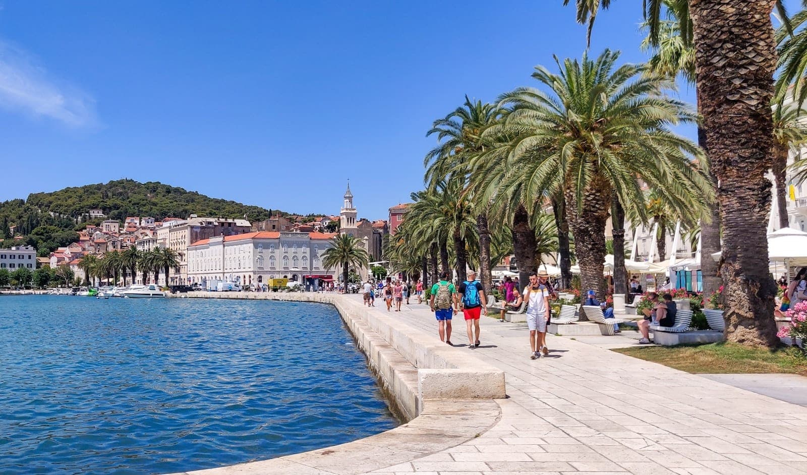 Persone che passeggiano sul vivace lungomare di Spalato fiancheggiato da palme, con il mare blu e la città storica sullo sfondo.