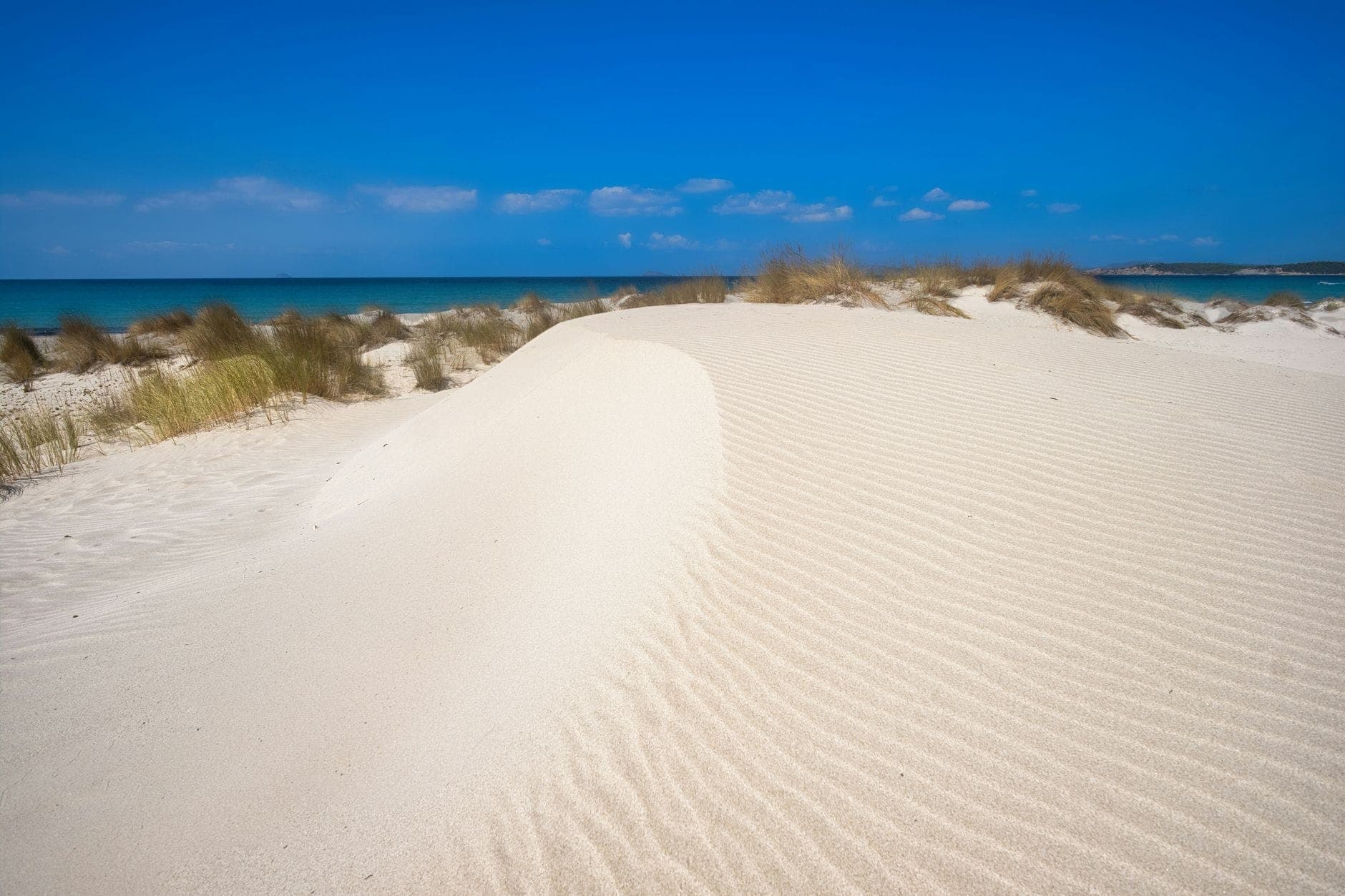 Weiße Sanddüne mit sanften Rücken und spärlichem Gras, türkisfarbenes Meer und strahlend blauer Himmel im Hintergrund.