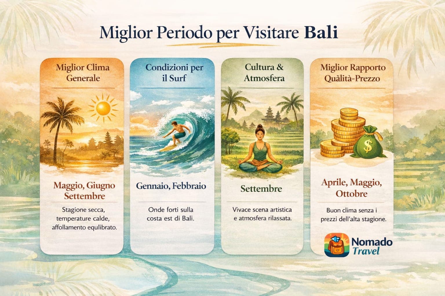 Infografica miglior periodo per visitare Bali: meteo, surf, cultura e budget