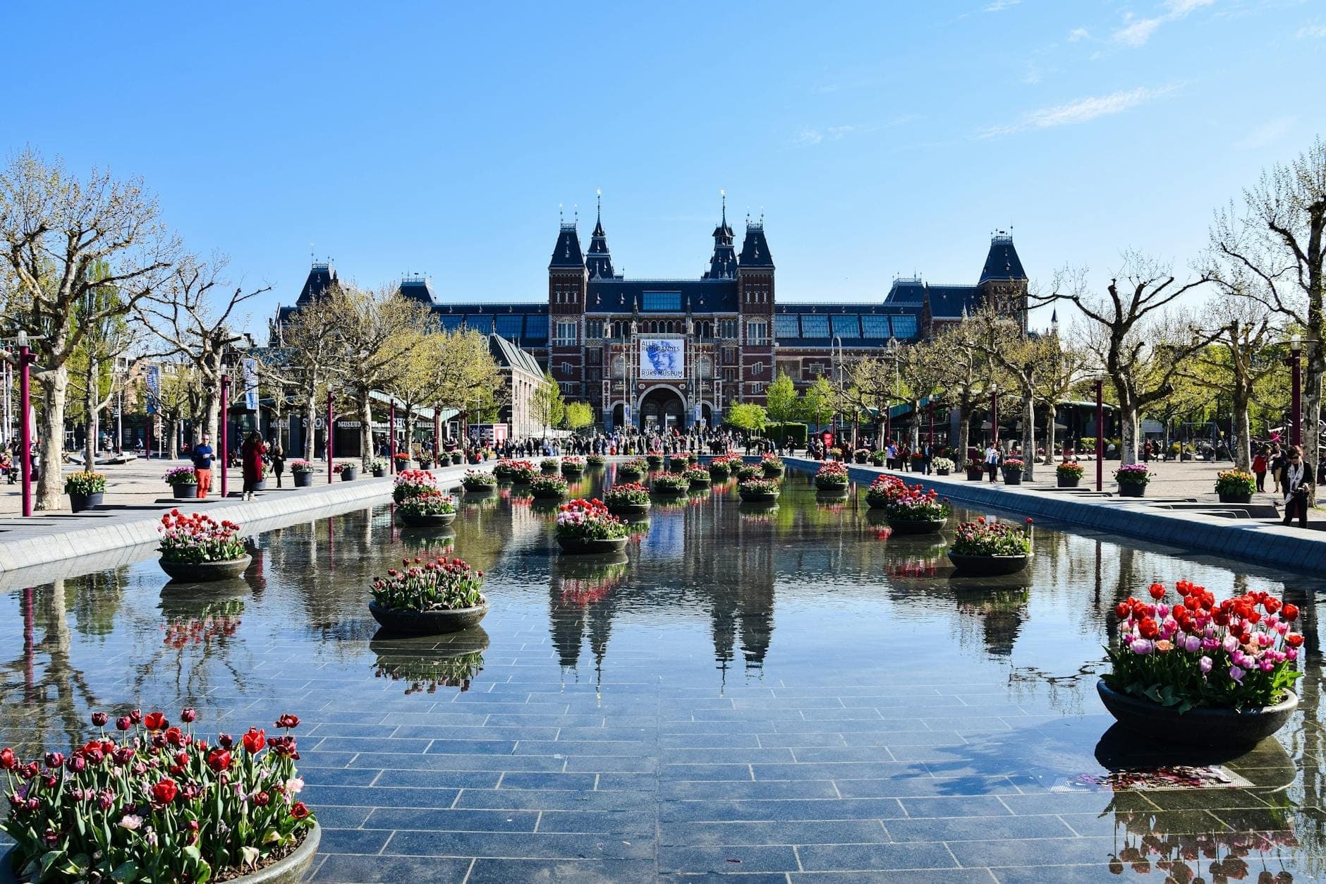 Blick auf das Rijksmuseum mit Spiegelbecken und blühenden Tulpen im Vordergrund in Amsterdam.