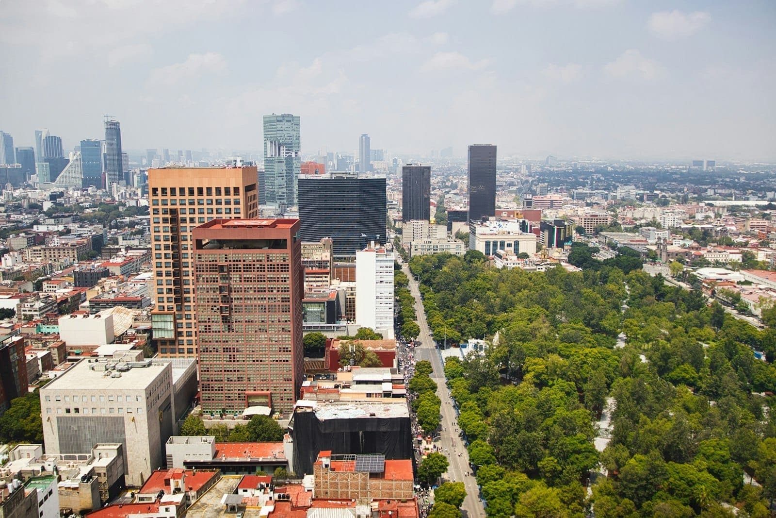 Aerial view of Mexico City skyline with Chapultepec Park and modern buildings along the tree-lined avenue.