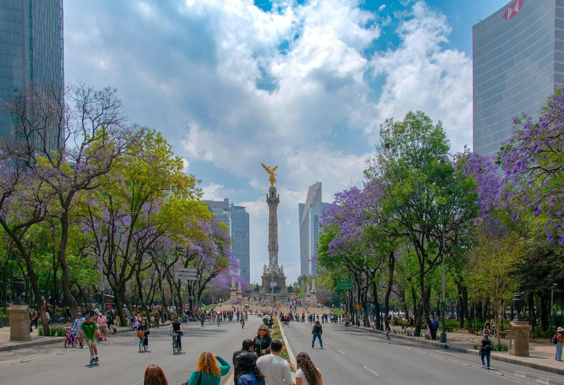 วิวของ Ángel de la Independencia ในเม็กซิโกซิตี้ พร้อมต้นจาคารันดาที่กำลังออกดอกและผู้คนที่เพลิดเพลินกับวันที่แดดสดใสตามแนวถนนสายหลัก