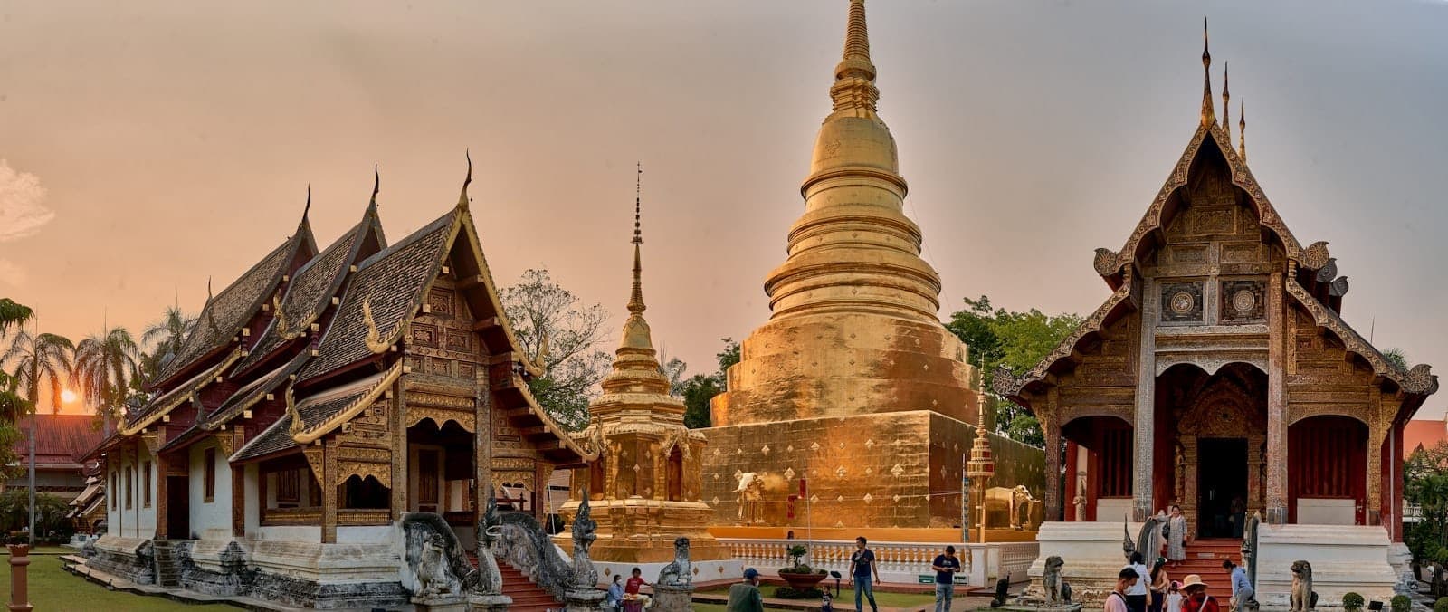 Vista panoramica del complesso del tempio Wat Phra Singh a Chiang Mai con elaborate sale in legno e un grande chedi dorato al tramonto con visitatori in esplorazione.