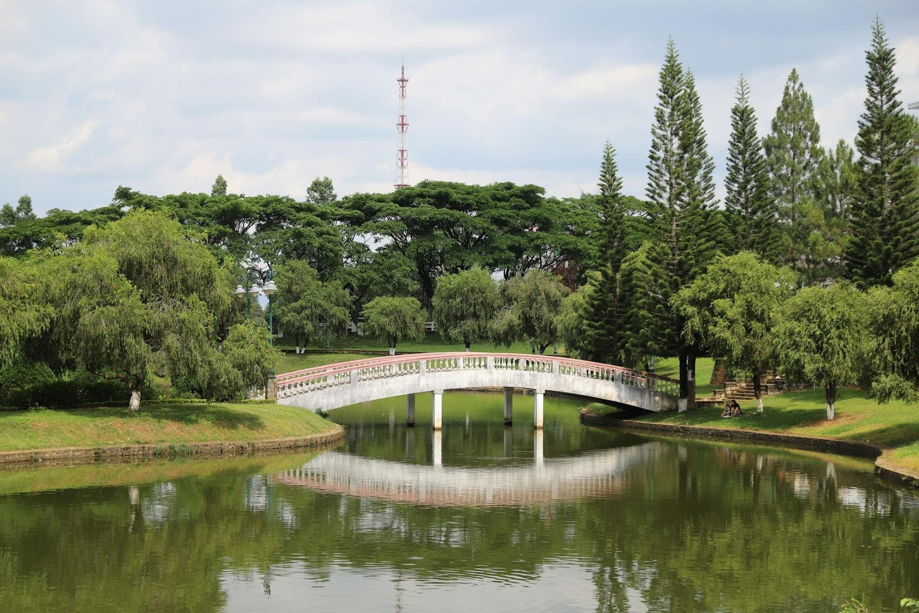 สวนสาธารณะอันเงียบสงบในเชียงใหม่ พร้อมสะพานโค้งสีขาวเหนือบึงน้ำ ล้อมรอบด้วยต้นไม้และพืชพรรณที่เขียวขจี เหมาะสำหรับการเดินเที่ยวในเมือง
