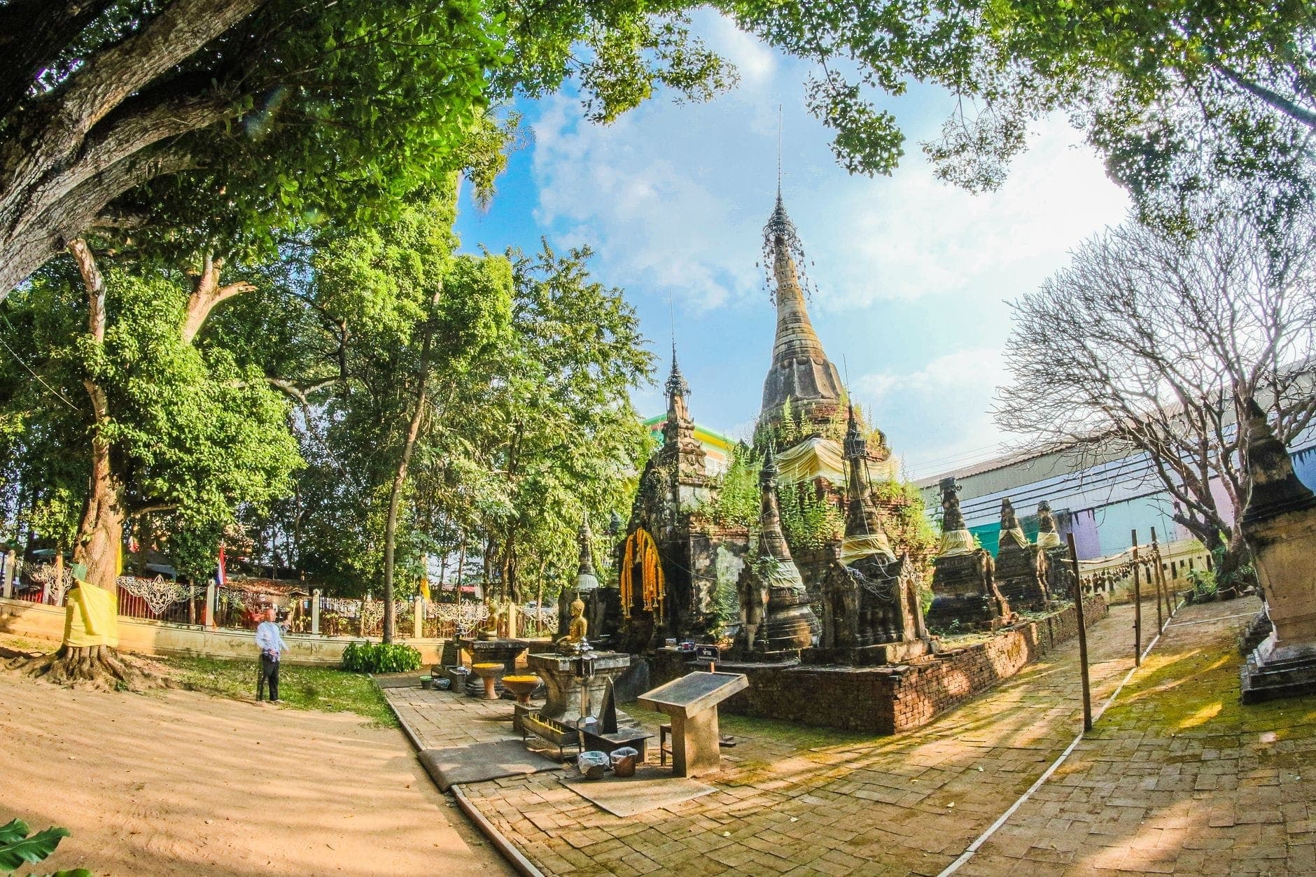 Antiguas chedis budistas y templos rodeados de árboles en un rincón sereno y tranquilo de Chiang Mai.