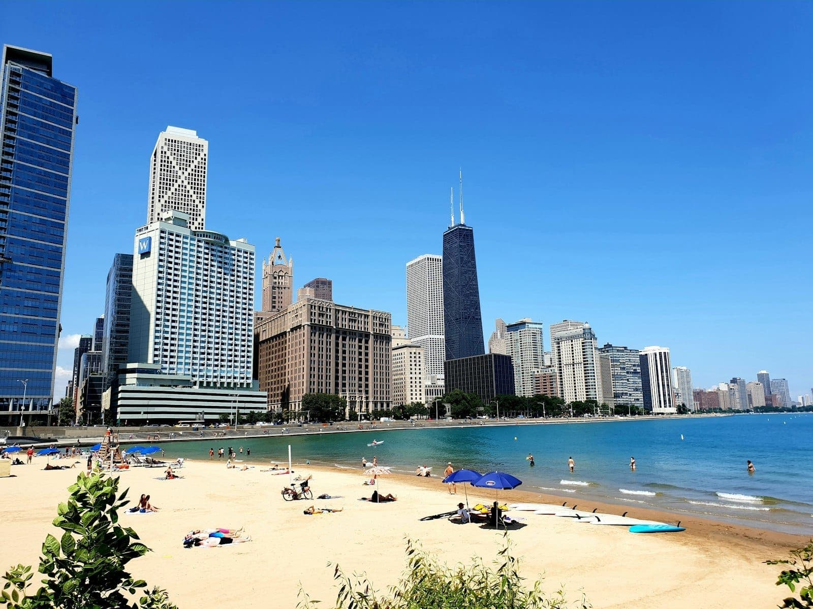 Sandy Chicago lakefront beach with people sunbathing and swimming, skyscrapers and blue sky in the background.