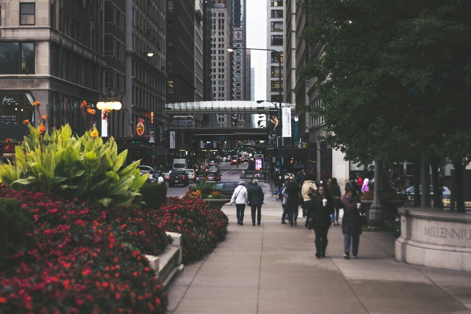 Vỉa hè ở trung tâm thành phố Chicago với người đi bộ, hoa ở tiền cảnh và những tòa nhà cao tầng dọc theo con phố.