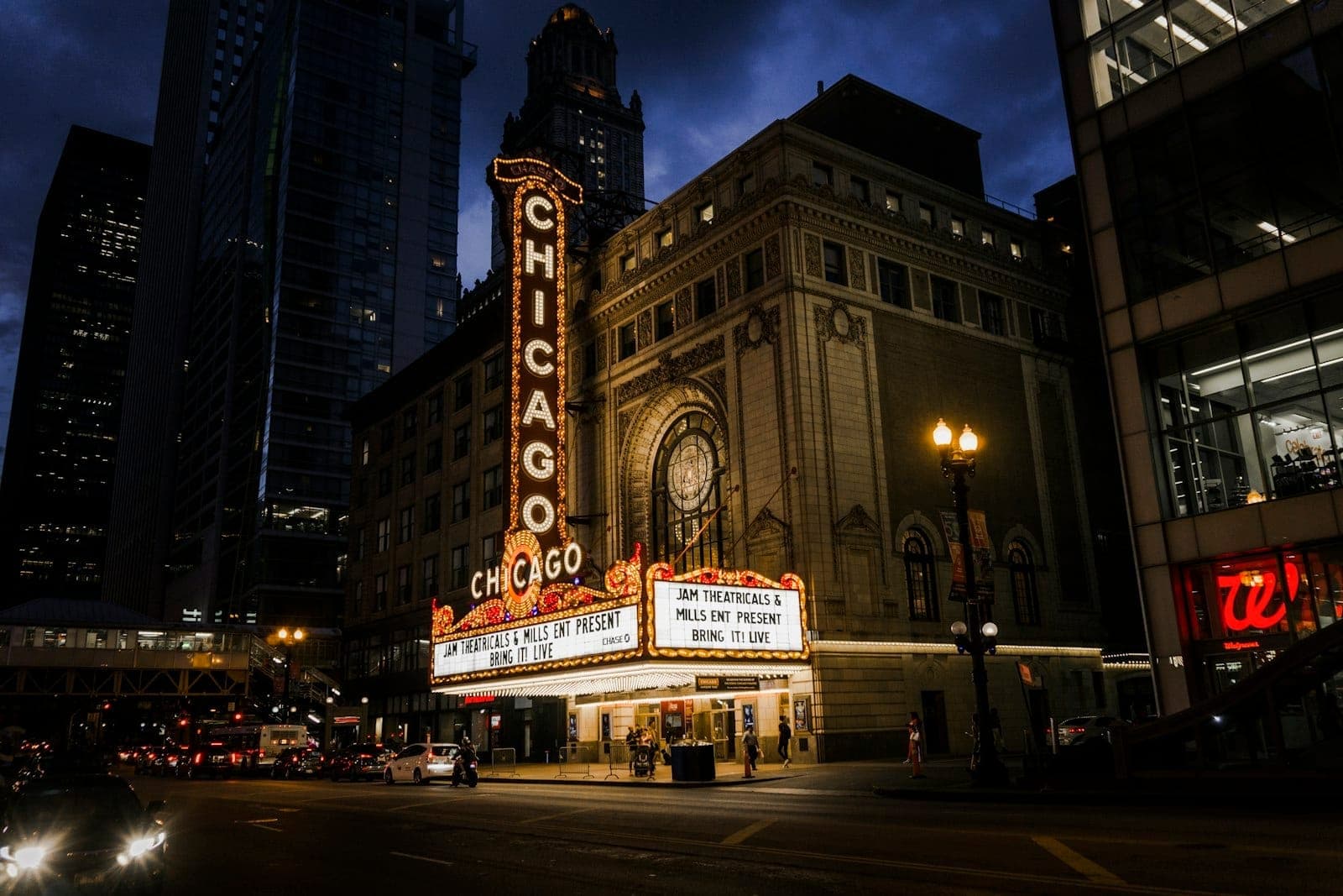 Chicago Theatre at night with iconic neon sign and busy street scene, capturing Chicago’s vibrant downtown nightlife atmosphere.