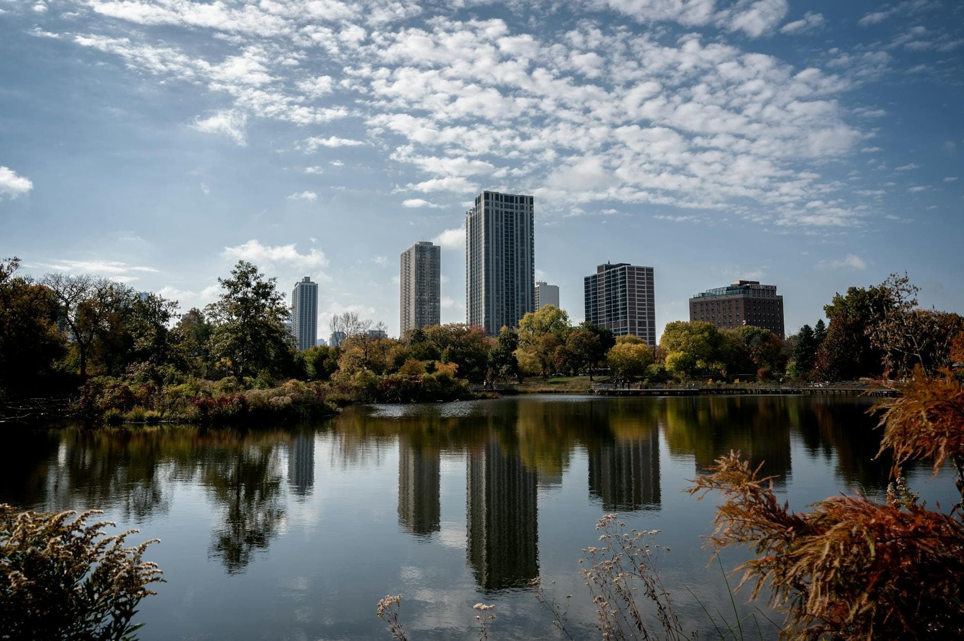 Chicago skyline with tall buildings reflected in a lake, surrounded by autumn trees under a partly cloudy sky.