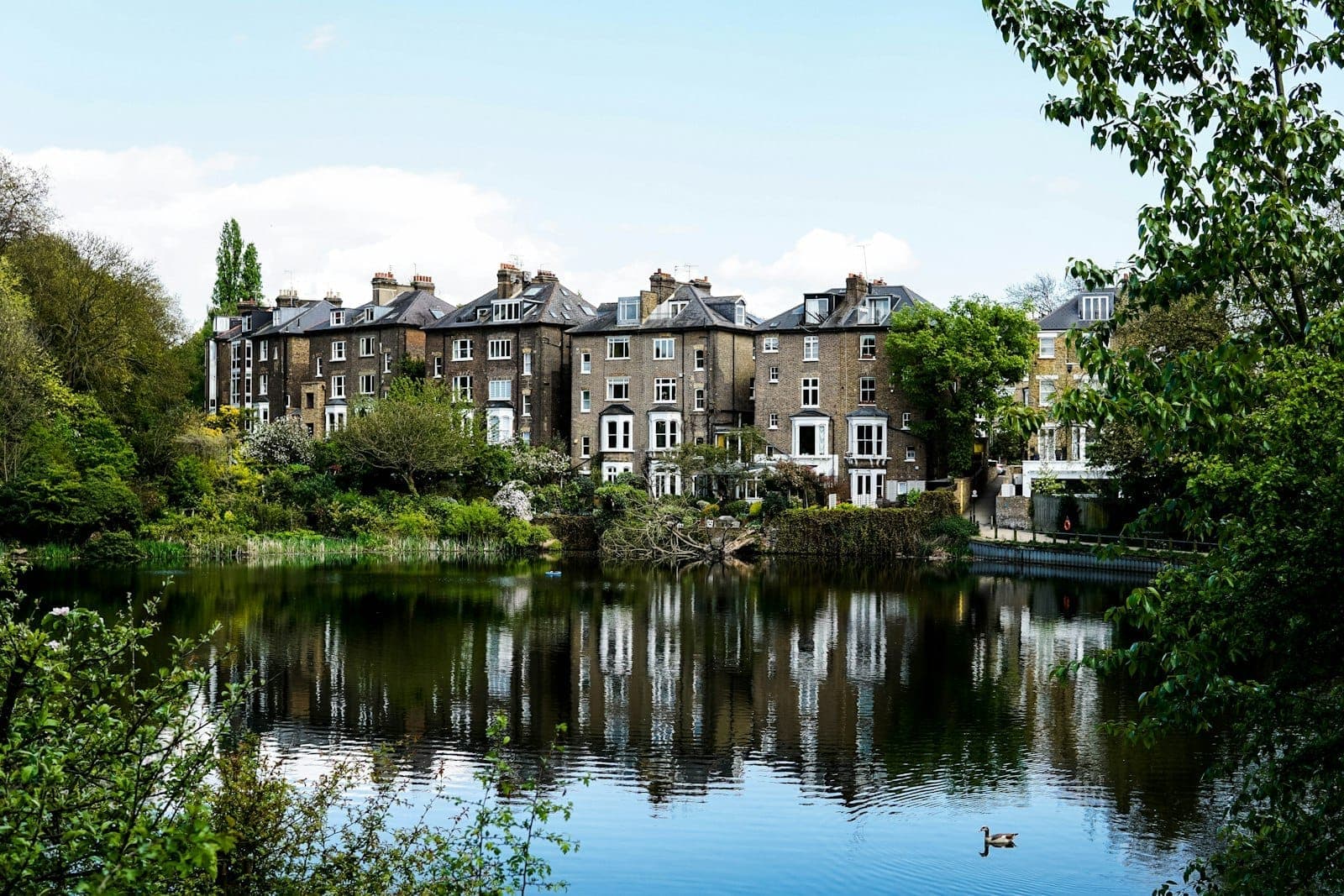 Begrünter Teich vor klassischen Reihenhäusern im Norden Londons, der sich im von Bäumen umgebenen Wasser spiegelt, unter einem strahlend blauen Himmel.