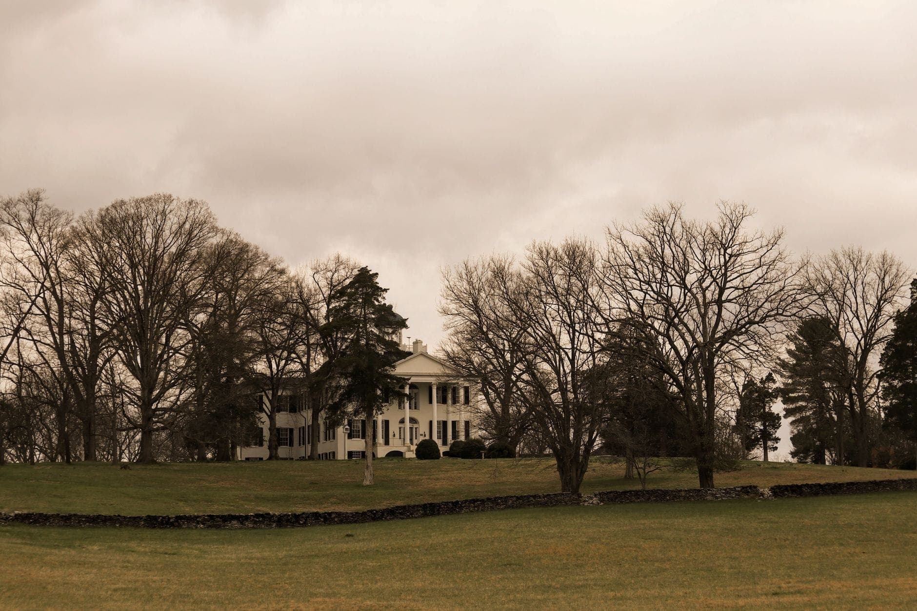 Storica casa di piantagione con colonne bianche situata su una collina erbosa, parzialmente circondata da alberi spogli sotto un cielo nuvoloso.
