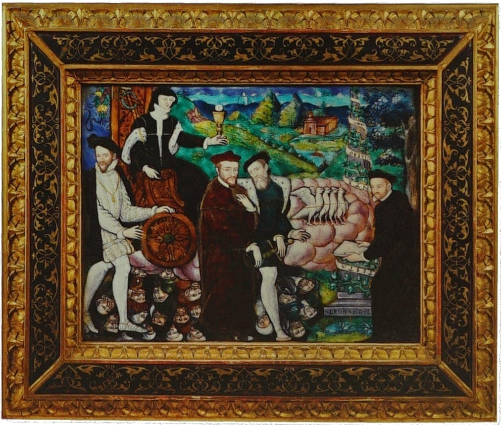 ภาพวาดยุคเรเนสซองส์ในกรอบ 'The Triumph of the Eucharist and the Catholic Faith' โดย Leonard Limousin ที่มีห้าบุคคลในเครื่องแต่งกายอันวิจิตร พร้อมฉากหลังชนบทที่สดใส จัดแสดงที่ The Frick Collection