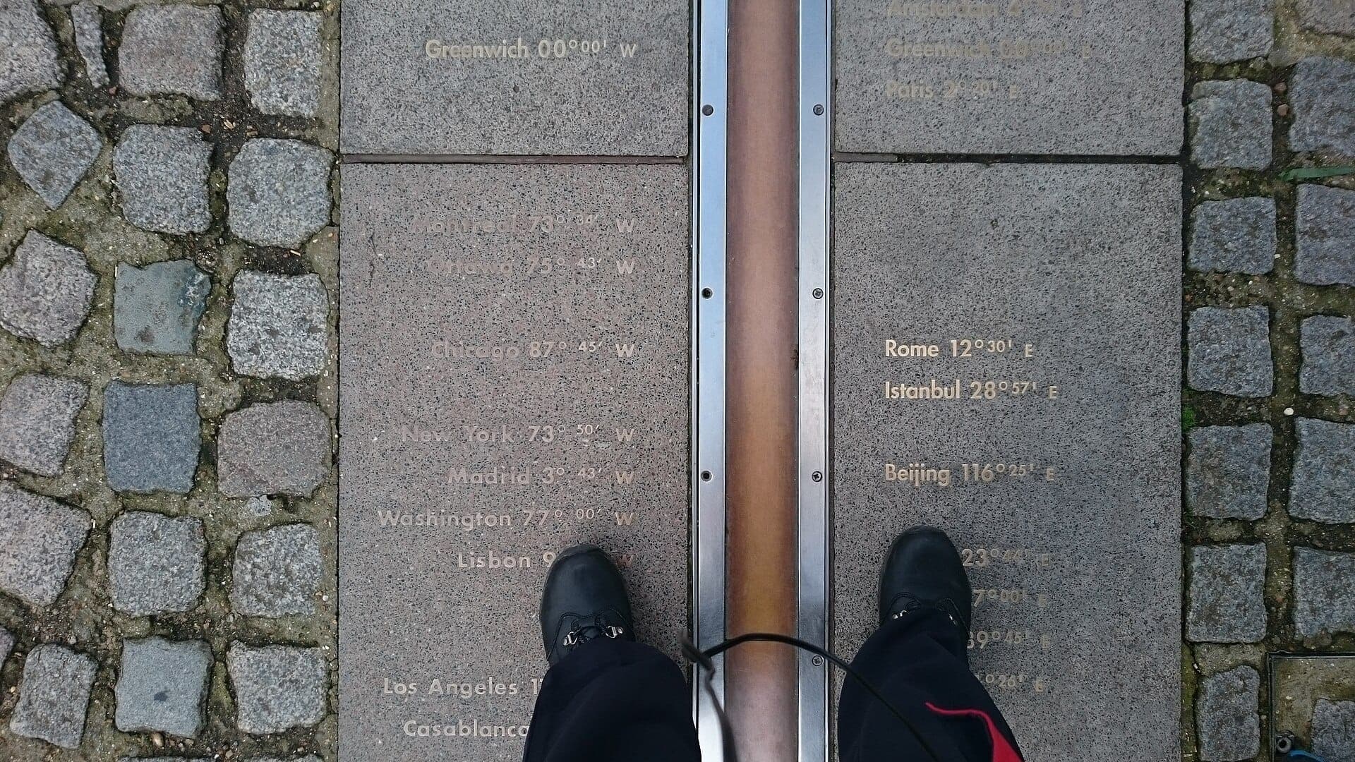 Vista di una persona in piedi con un piede su ciascun lato della Meridian Line al Royal Observatory Greenwich, con piastrelle di pietra e località incise visibili.