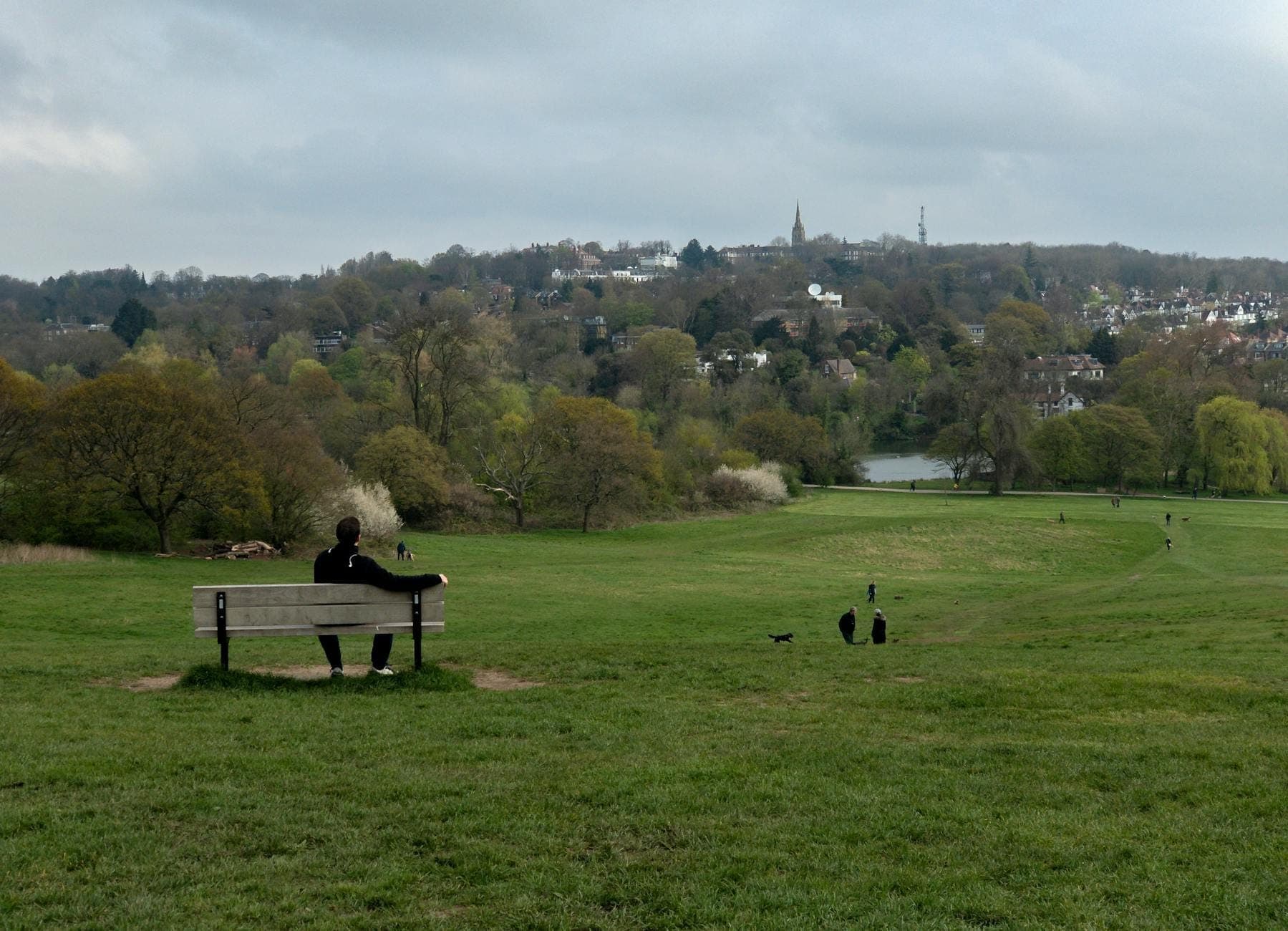 Eine Person sitzt auf einer Bank mit Blick auf weitläufige Wiesen mit vereinzelten Bäumen, fernen Hügeln und einem Teich auf Hampstead Heath unter bewölktem Himmel.
