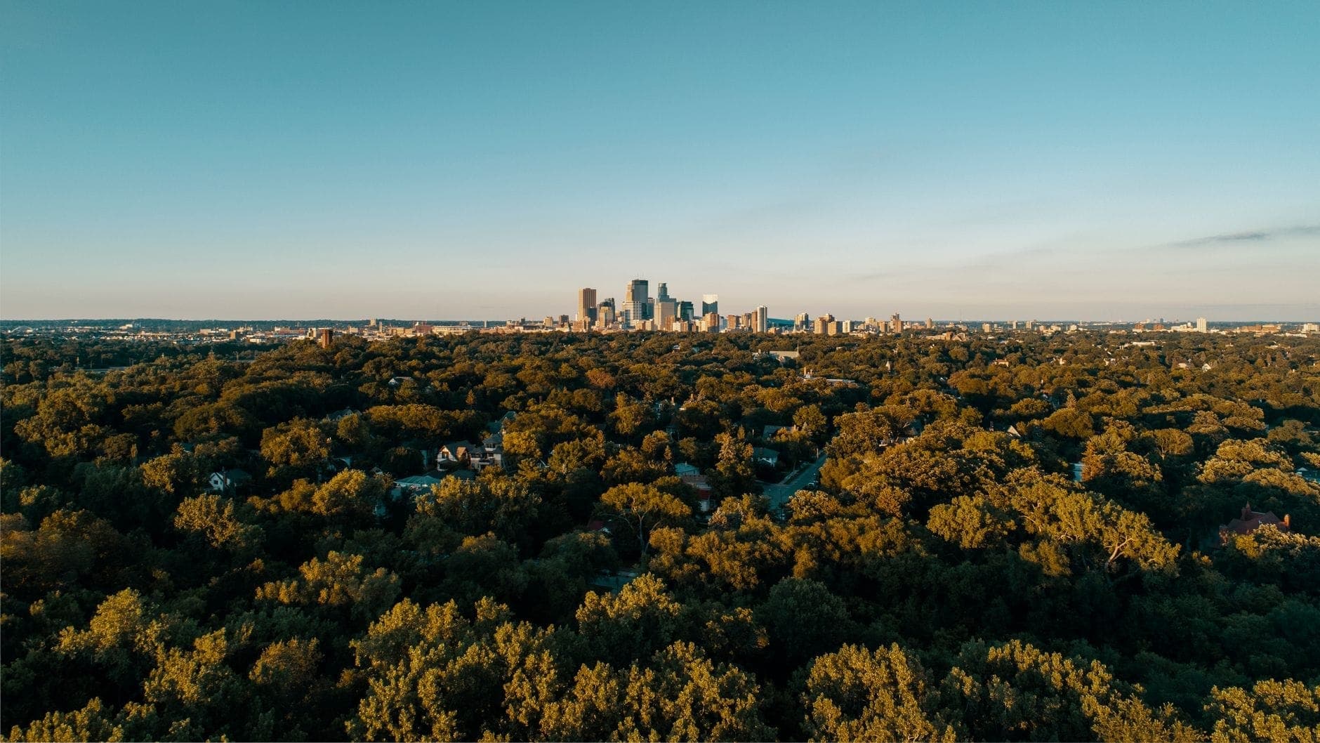 Vue panoramique de la skyline de Nashville au-dessus d'une zone boisée, avec des cimes d'arbres vertes et un ciel bleu à l'heure dorée.