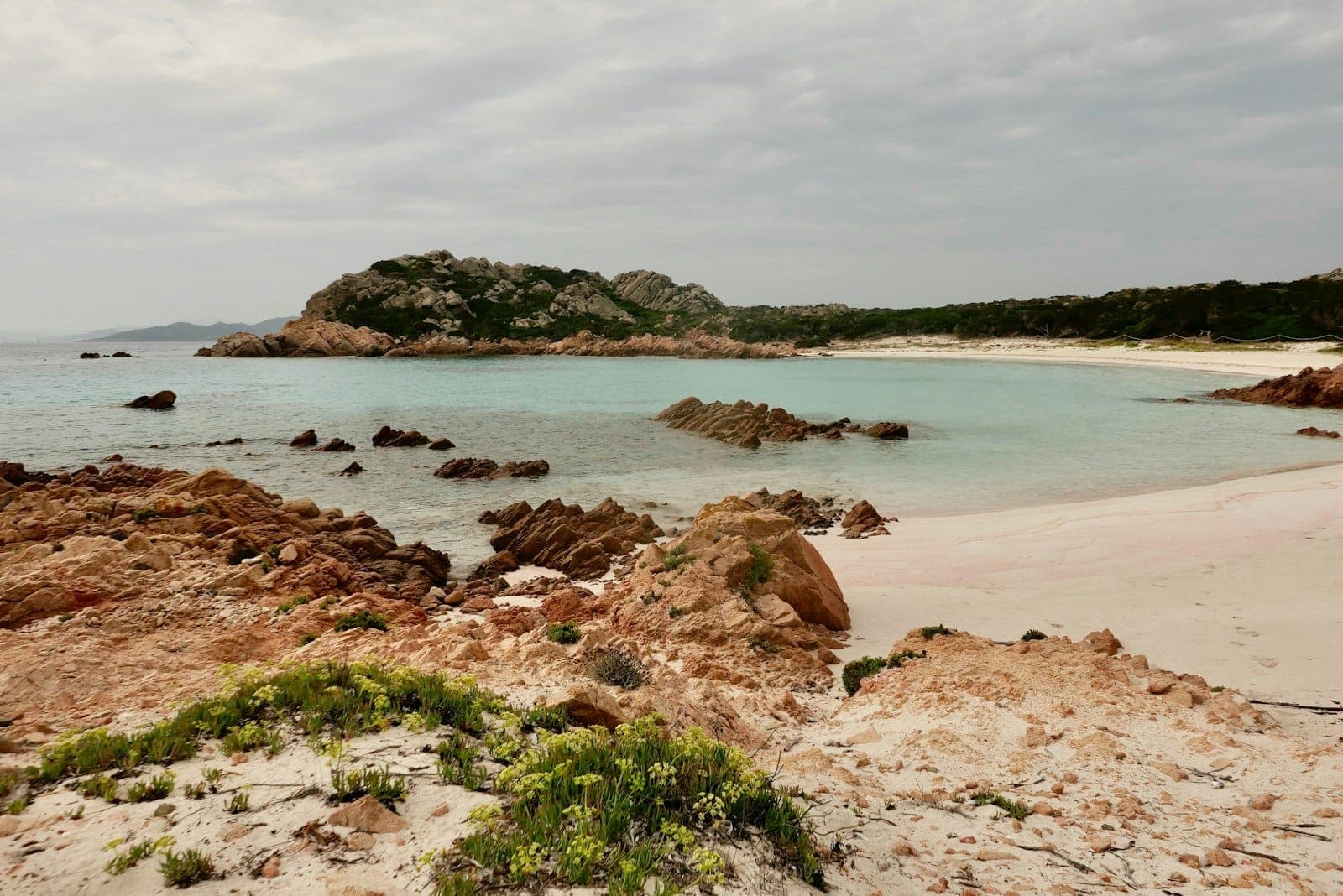 Blick auf die Spiaggia Rosa auf der Isola di Budelli mit blassrosa Sand, felsiger Küste, türkisfarbenem Wasser und einem grünen Hang unter bewölktem Himmel.