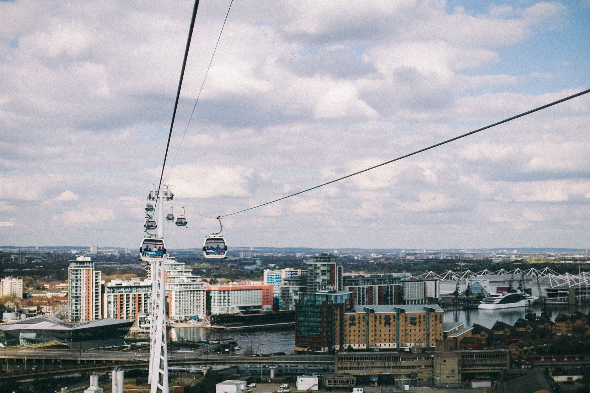 Le gondole della funivia di Londra scivolano sopra il Tamigi con edifici moderni e lo skyline della città sullo sfondo, sotto un cielo parzialmente nuvoloso.
