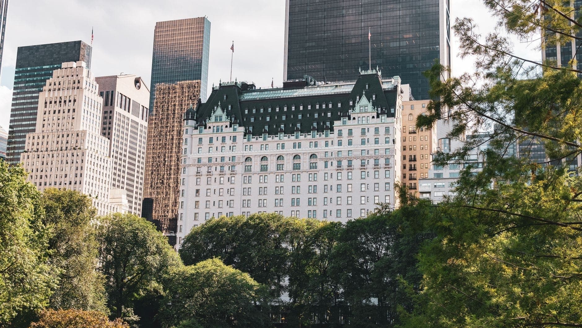 วิวสวยงามของ Plaza Hotel และตึกระฟ้าใน Midtown ที่โผล่พ้นต้นไม้ใบหนาของ Central Park ในแมนฮัตตัน นิวยอร์กซิตี้