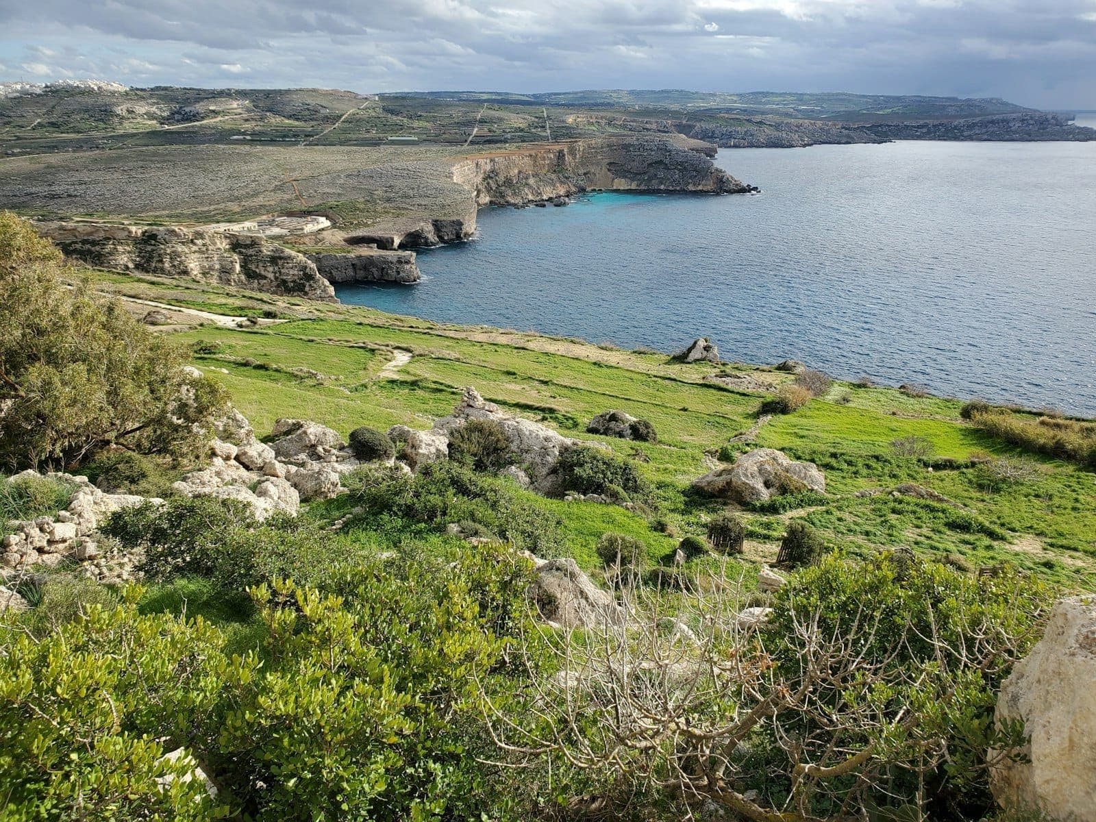 Felsige grüne Landschaft mit schroffen Klippen und Küstenlinie, die auf klares blaues Wasser trifft, unter einem bewölkten Himmel auf der Insel Gozo.