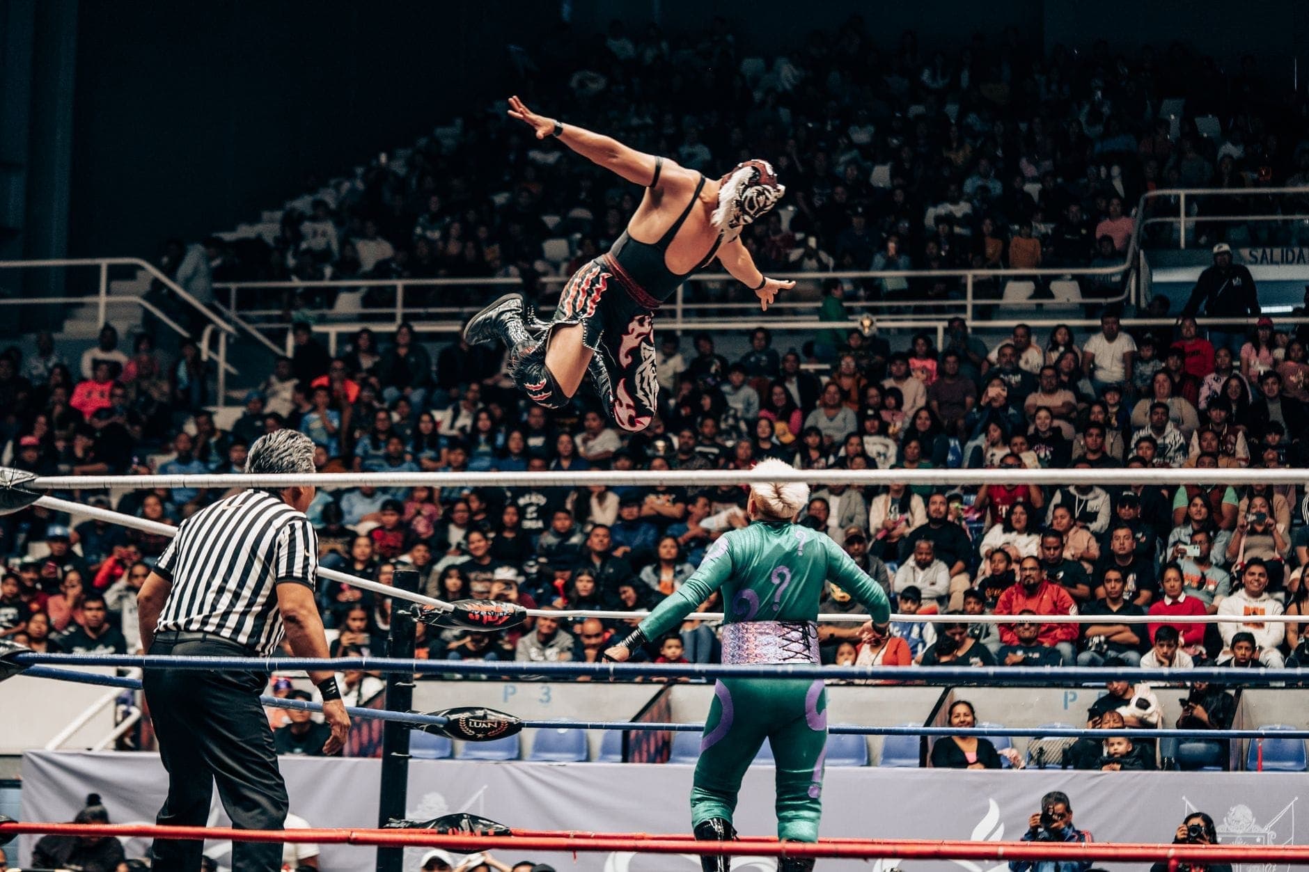 Luchadores enmascarados en un animado combate de lucha libre ante una arena repleta de público, una auténtica experiencia local en Ciudad de México.