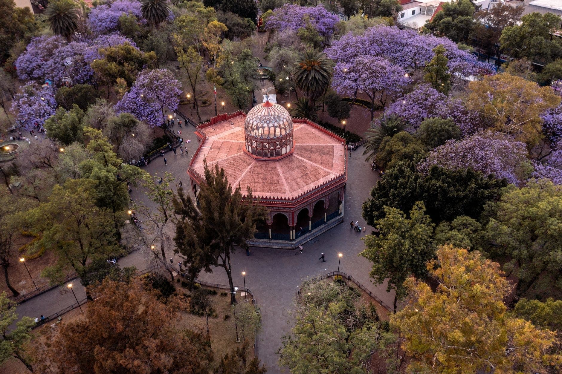 Widok z lotu ptaka na ośmioboczny Kiosko Morisco otoczony drzewami jakaranda w centrum Coyoacán, Meksyk, z widocznymi alejkami i ogrodami.
