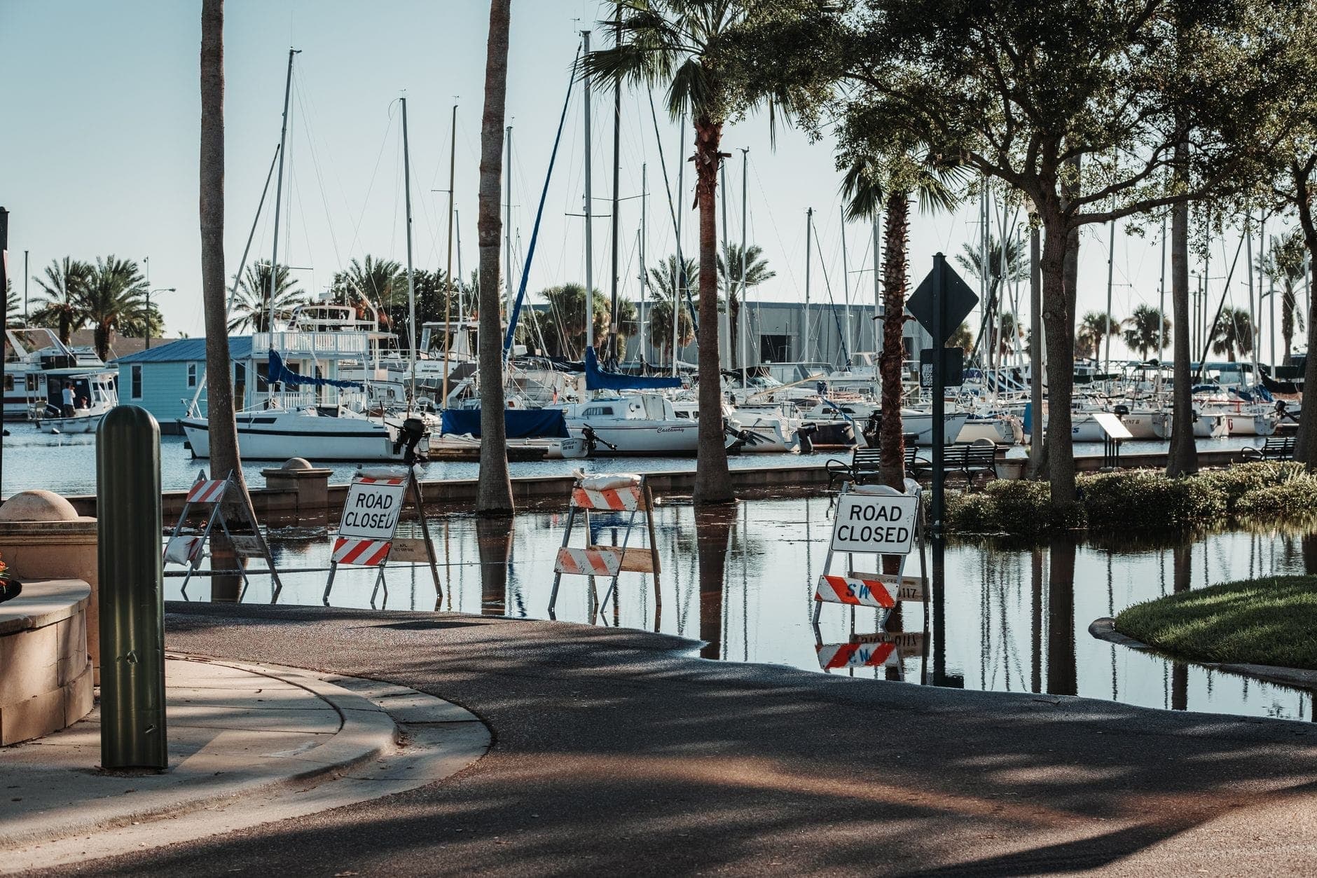 Flooded marina area with palm trees, boats, and road closed signs after heavy rain or storm in coastal Florida.